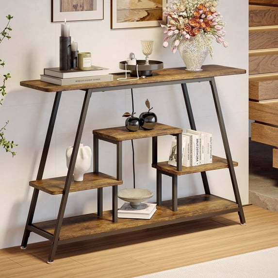 Sailvan 47.3" Console Table with With Charging Station, Entryway Table 4-Tier Open Shelves for Entrance, Hallway, Living Room, Rustic Brown