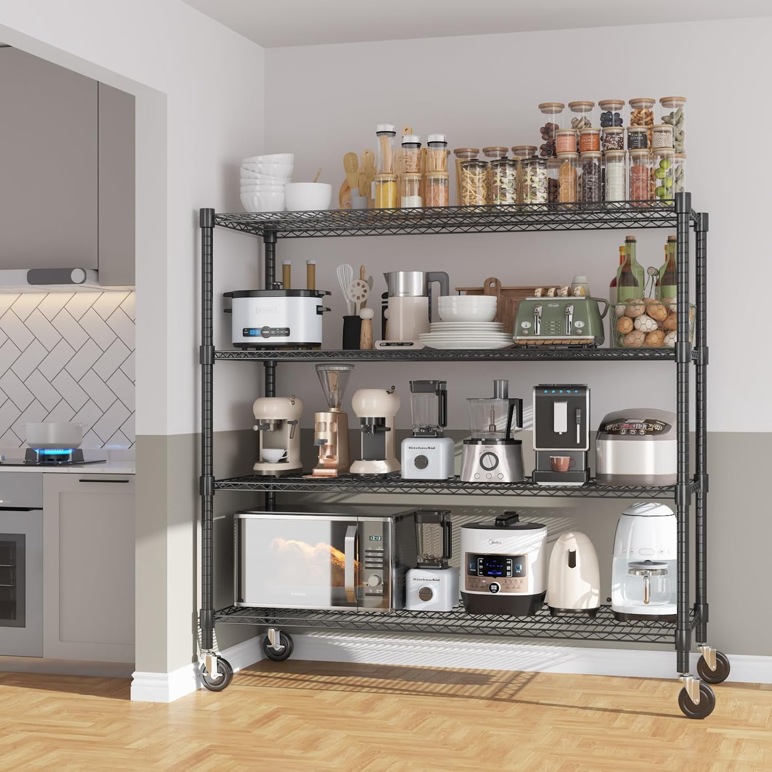 Sailvan 48"W x 18"D x 72"H Heavy Duty Wire Shelving Unit, 2600LBS Capacity 4-Tier Metal Storage Shelves with Wheels, Adjustable Garage Rack,Black