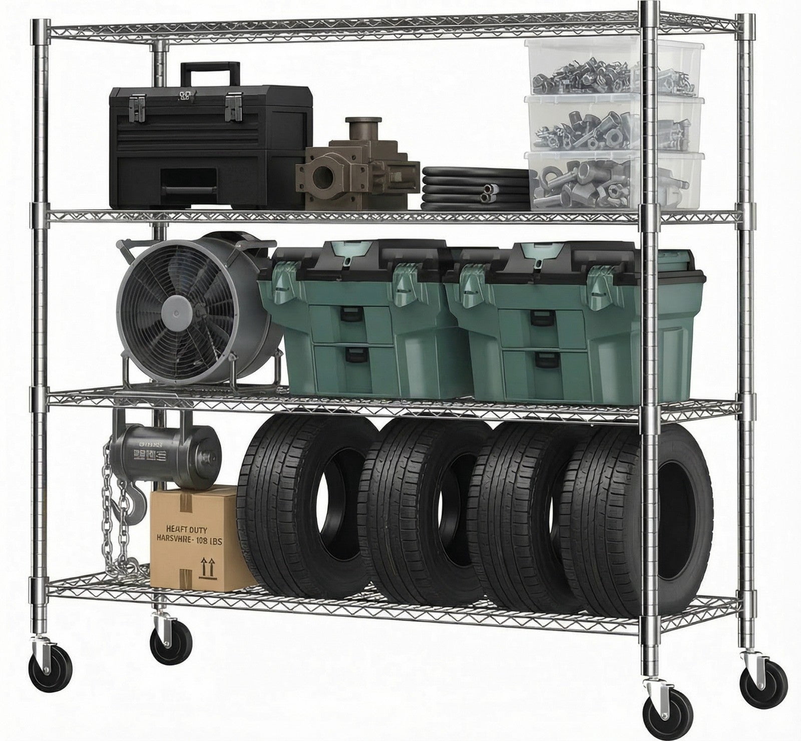 Sailvan 48"W x 18"D x 72"H Heavy Duty Wire Shelving Unit, 2600LBS Capacity 4-Tier Metal Storage Shelves with Wheels, Adjustable Garage Rack,Silver