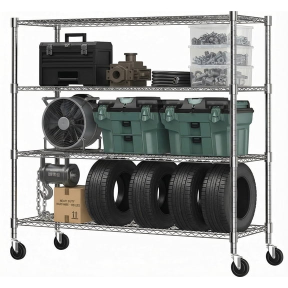 Sailvan 48"W x 18"D x 72"H Heavy Duty Wire Shelving Unit, 2600LBS Capacity 4-Tier Metal Storage Shelves with Wheels, Adjustable Garage Rack,Silver