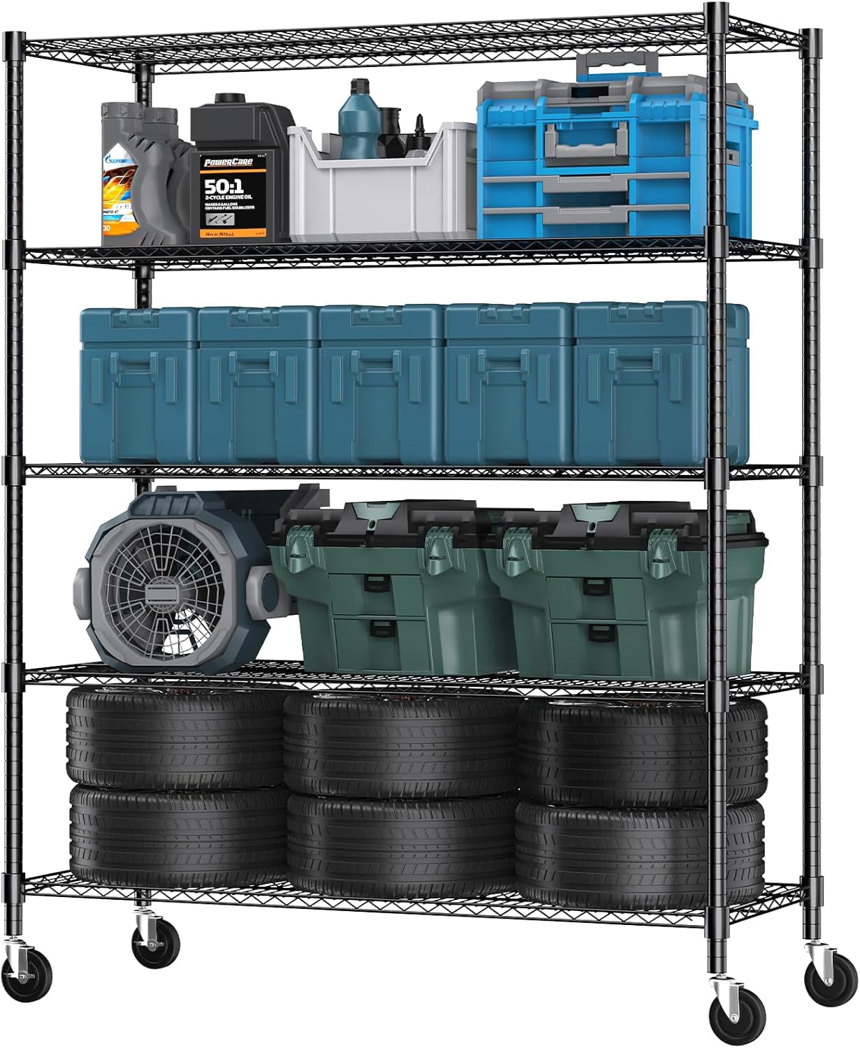 Sailvan 48"W x 18"D x 82"H Heavy Duty Wire Shelving Unit, 3000LBS Capacity 5-Tier Metal Storage Shelves with Wheels, Adjustable Garage Rack,Black
