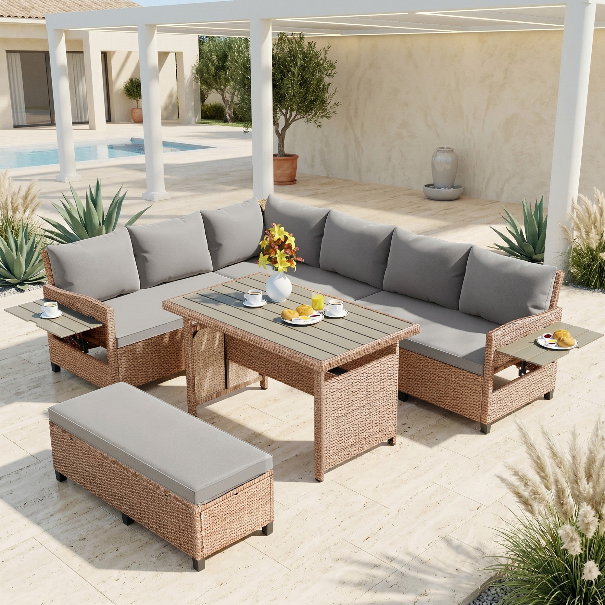 Sailvan 5-Piece Outdoor Patio Rattan Sofa Set - Sectional PE Wicker L-Shaped Garden Furniture with Dining Table & 2 Extendable Side Tables Brown