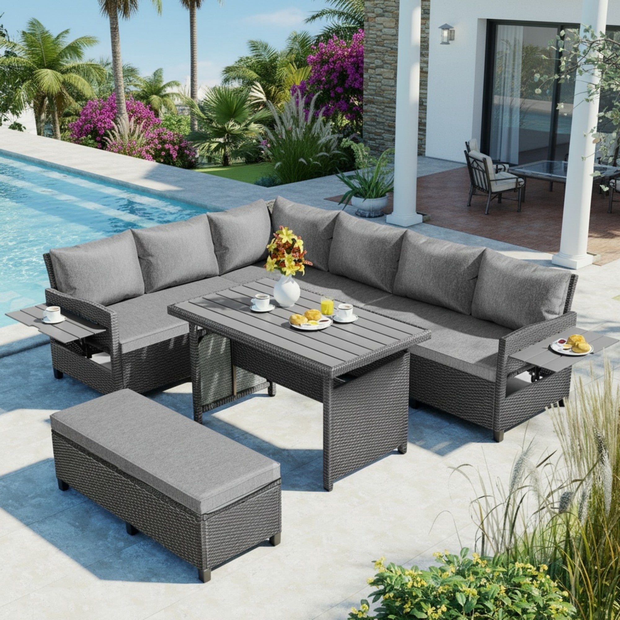 Sailvan 5-Piece Outdoor Patio Rattan Sofa Set - Sectional PE Wicker L-Shaped Garden Furniture with Dining Table & 2 Extendable Side Tables Grey