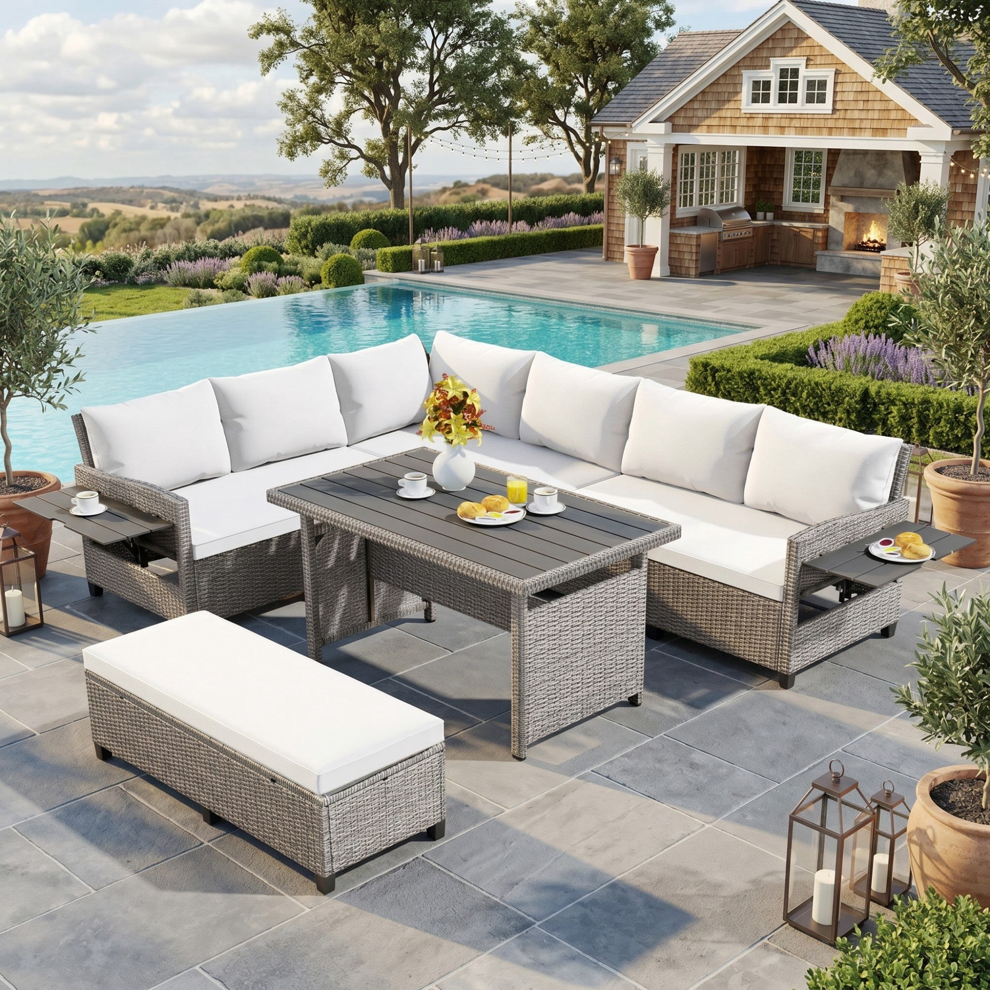 Sailvan 5-Piece Outdoor Patio Rattan Sofa Set - Sectional PE Wicker L-Shaped Garden Furniture with Dining Table & 2 Extendable Side Tables White