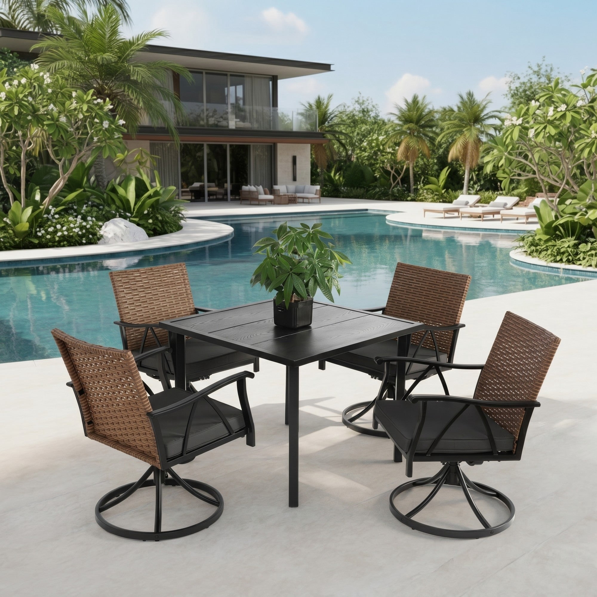 Sailvan 5 Piece Wicker Outdoor Table and 4 Swivel Chairs,Patio Dining Set with Square Steel Table and Umbrella Hole,Brown