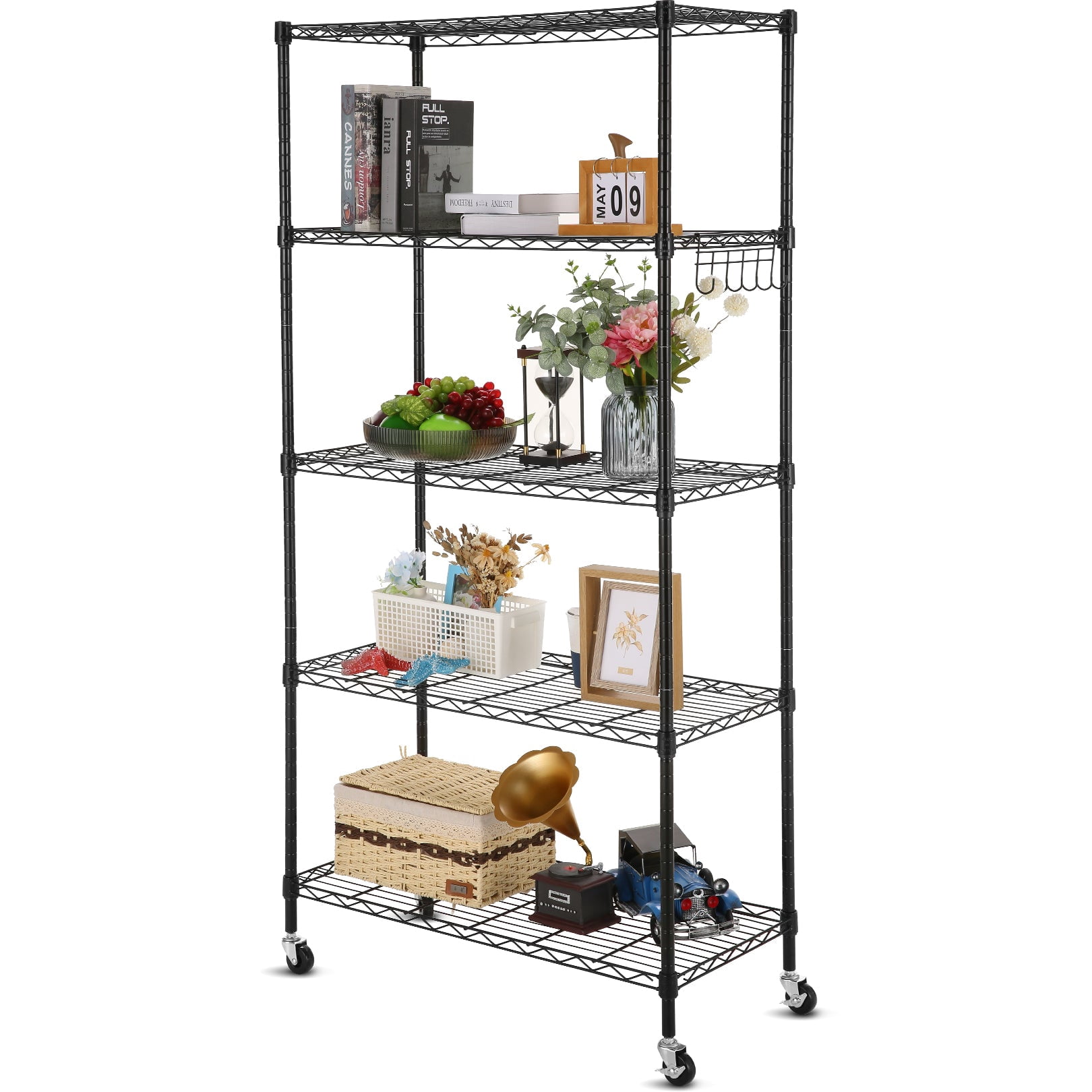 Sailvan 5-Tier Heavy Duty Metal Shelving Unit with Wheels, 900LBS Adjustable Wire Storage Rack for Garage, Pantry & Kitchen,Black