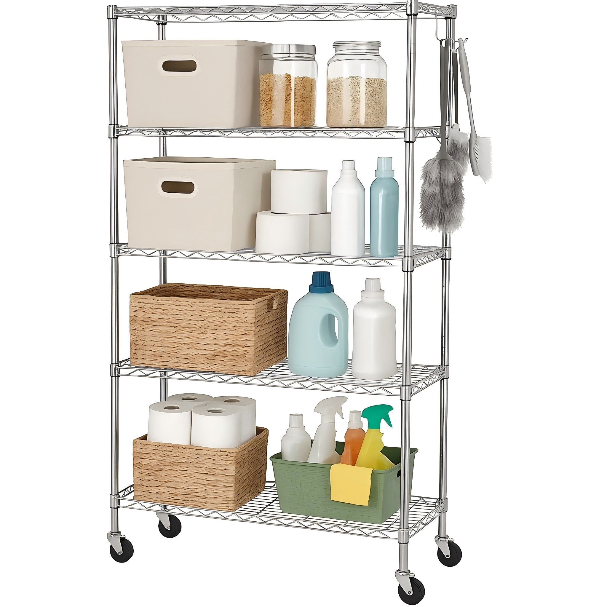 Sailvan 5-Tier Heavy Duty Metal Shelving Unit with Wheels, 900LBS Adjustable Wire Storage Rack for Garage, Pantry & Kitchen,Silver