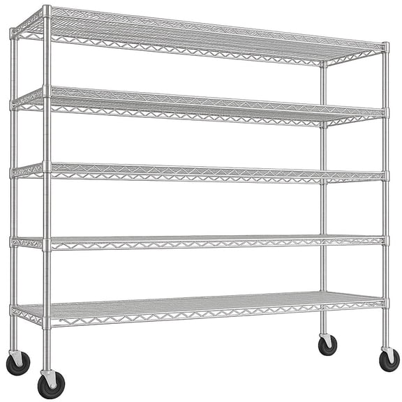 Sailvan 5-Tier Heavy Duty Metal Storage Rack, 60"W x 24"D x 82"H, 2400LBS Capacity Adjustable Wire Shelving Unit with Wheels for Garage Pantry,Silver