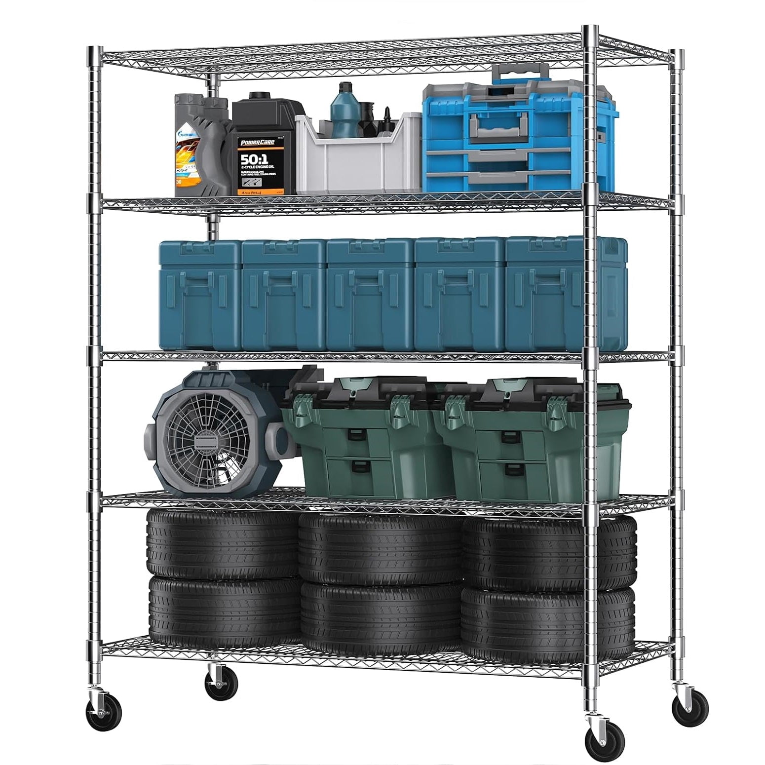 Sailvan 5-Tier Heavy Duty Wire Shelving Unit with Wheels, 48"W x 24"D x 82"H Metal Storage Rack, 750LBS Capacity（using wheels） 3250LBS Capacity, Adjustable Garage Shelves,Silver