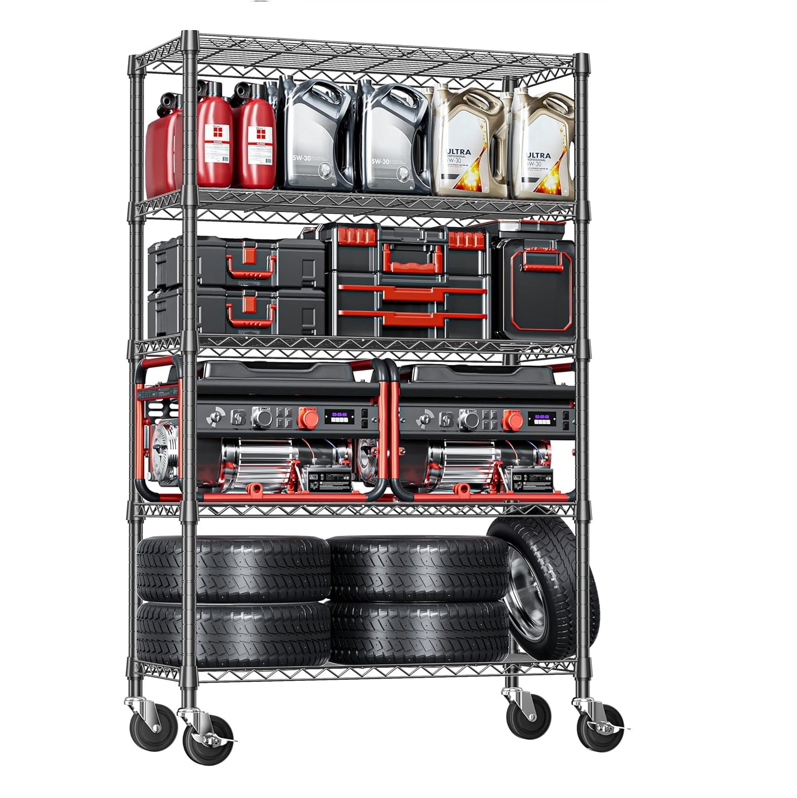 Sailvan 5-Tier Heavy Duty Wire Shelving Unit with Wheels, 48"W x 24"D x 82"H Metal Storage Rack, 3250LBS Capacity, Adjustable Garage Shelves,Black
