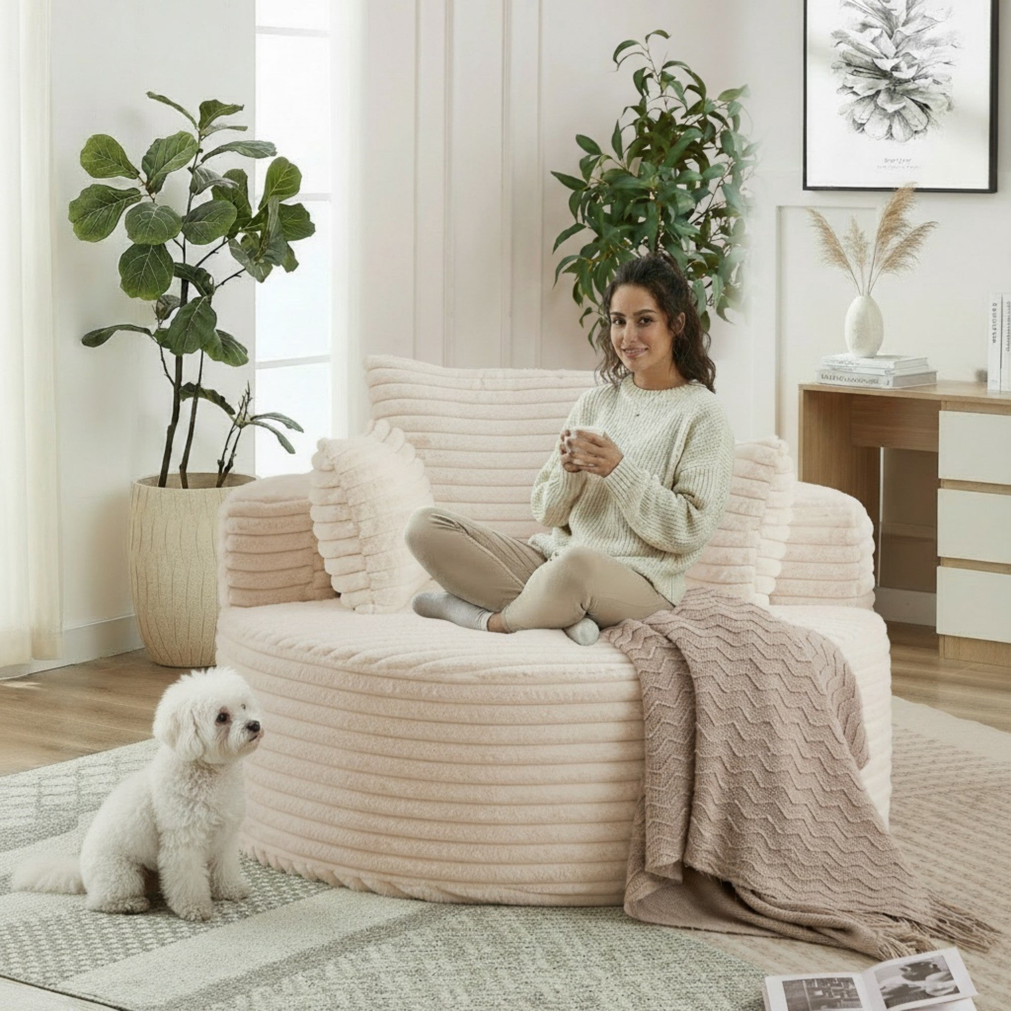 Sailvan 50" Corduroy Single Sofa, No Assembly Modern Sleeper Chair, Fluffy Cloud Lounge Recliner for Living Room and Bedroom, Grey Beige