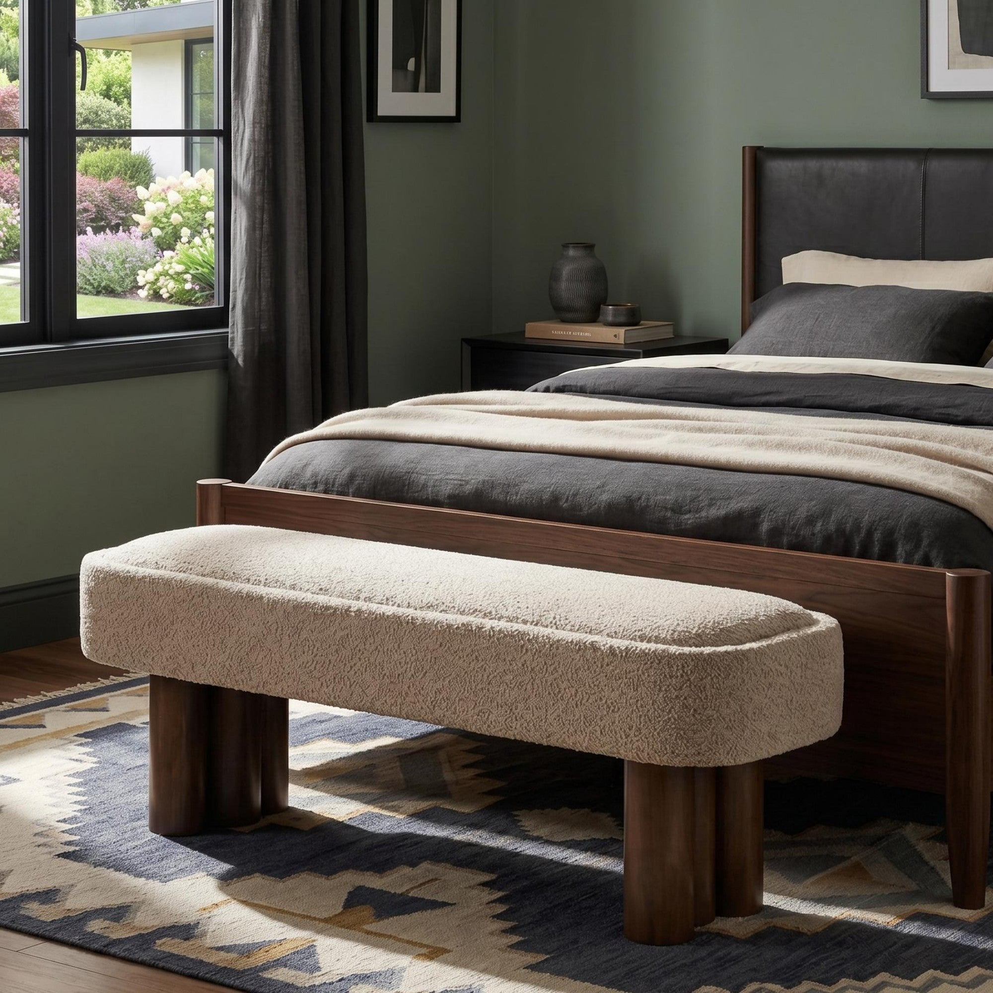 Sailvan 51.57" Boucle Dining Bench,Upholstered Kitchen Seating with Walnut Legs,Modern Indoor Bench for Entryway and Living Room khaki