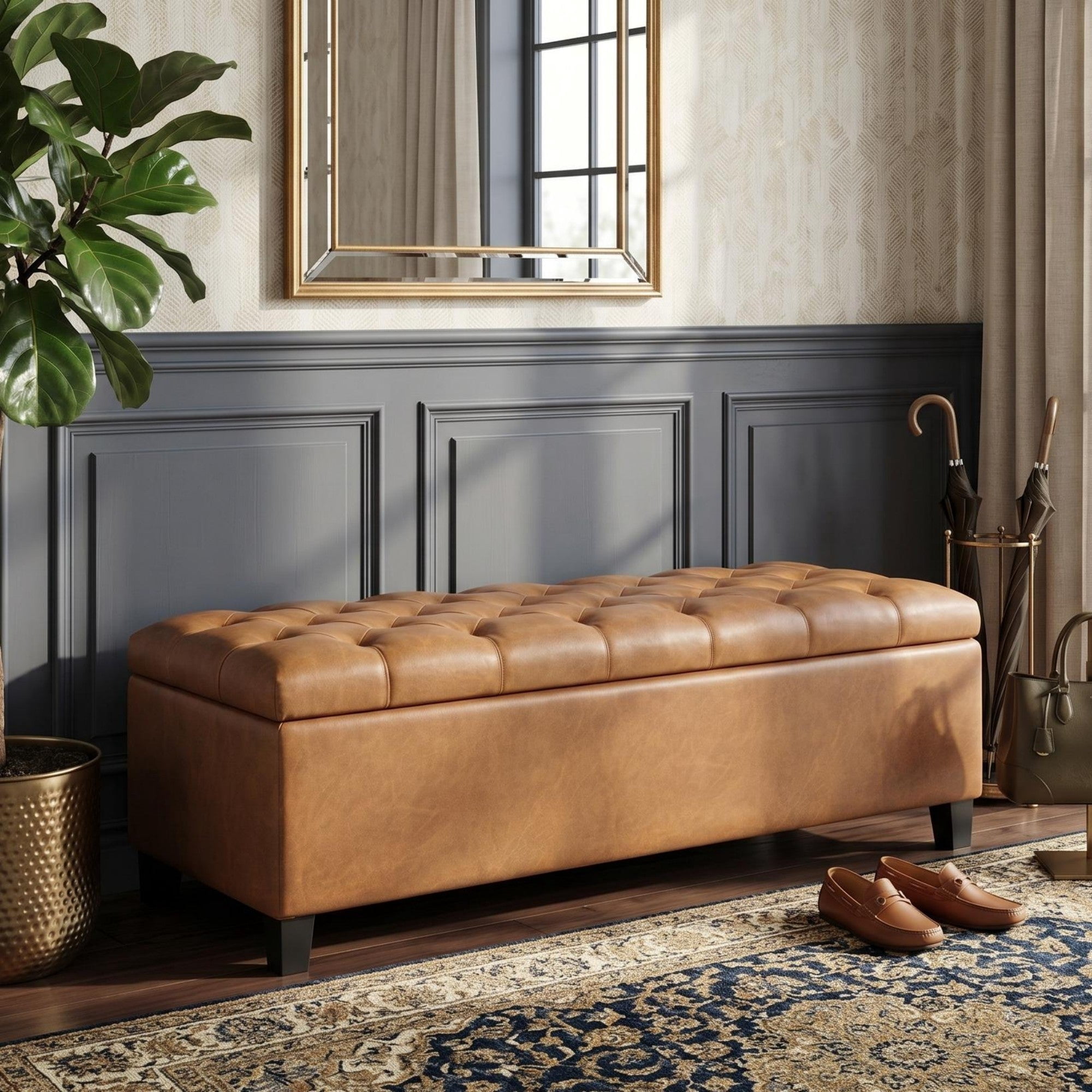 Sailvan 51" Boucle Storage Ottoman Bench,Upholstered End of Bed Bench with Button Tufting and Rubber Wood Legs for Bedroom and Entryway Brown