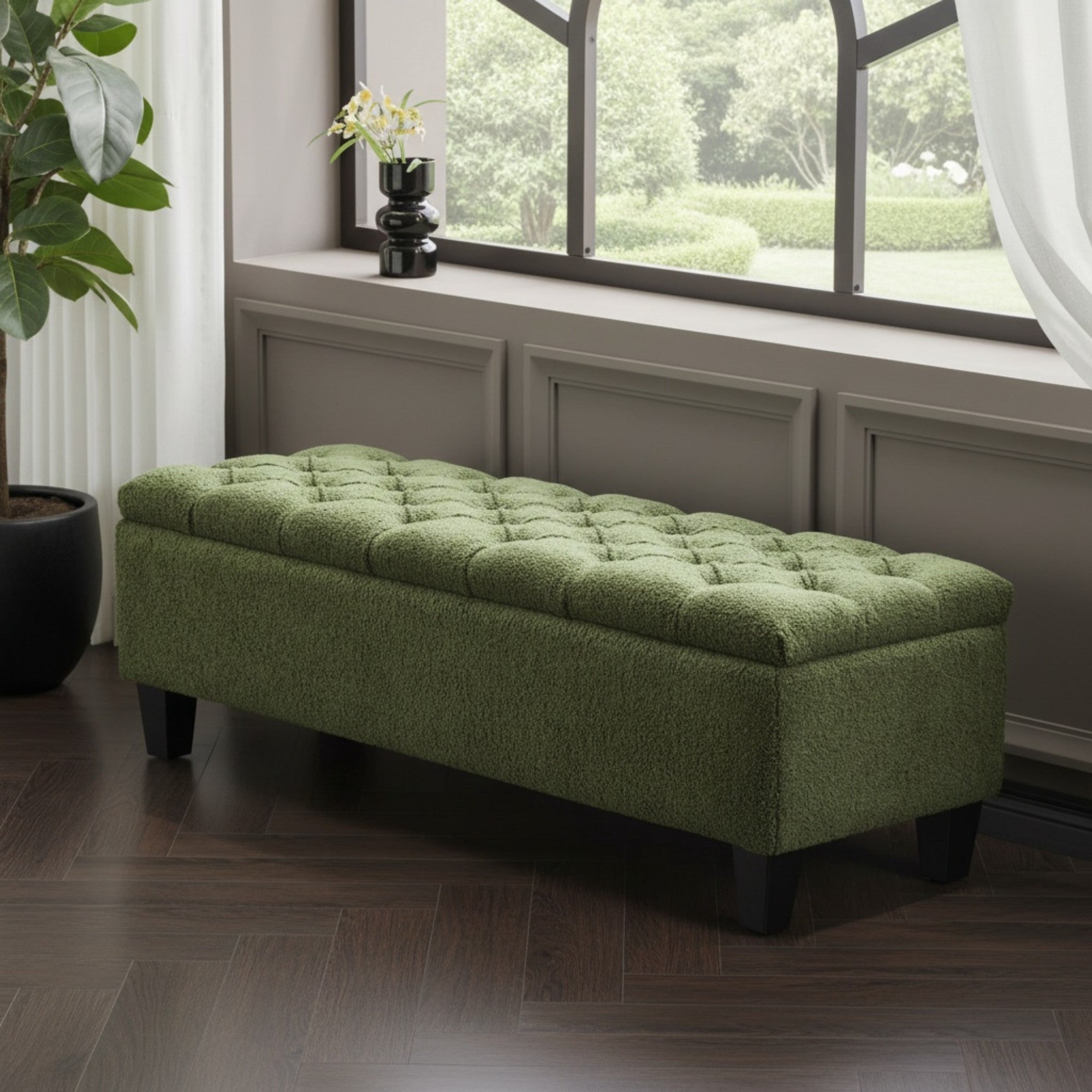 Sailvan 51" Boucle Storage Ottoman Bench,Upholstered End of Bed Bench with Button Tufting and Rubber Wood Legs for Bedroom and Entryway Green