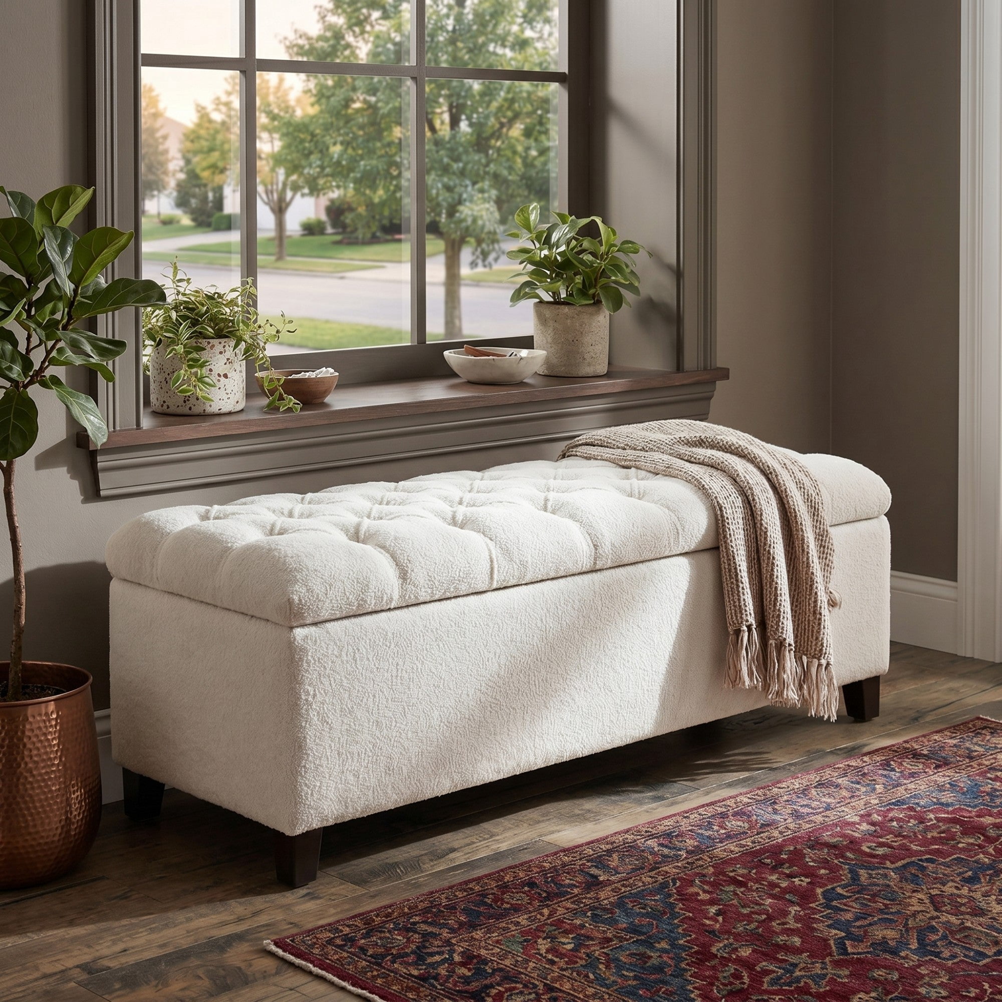 Sailvan 51" Boucle Storage Ottoman Bench,Upholstered End of Bed Bench with Button Tufting and Rubber Wood Legs for Bedroom and Entryway White
