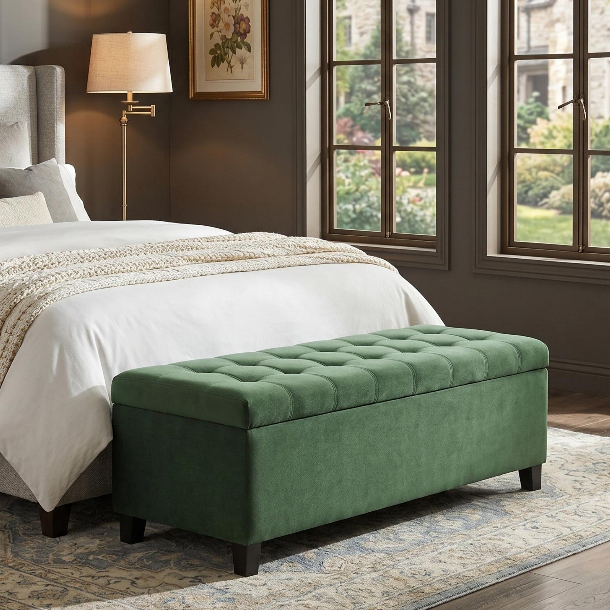Sailvan 51" Upholstered Storage Ottoman Bench Boucle Entryway Bench with Wood Legs,End of Bed Seating for Bedroom,300lbs Cap Green