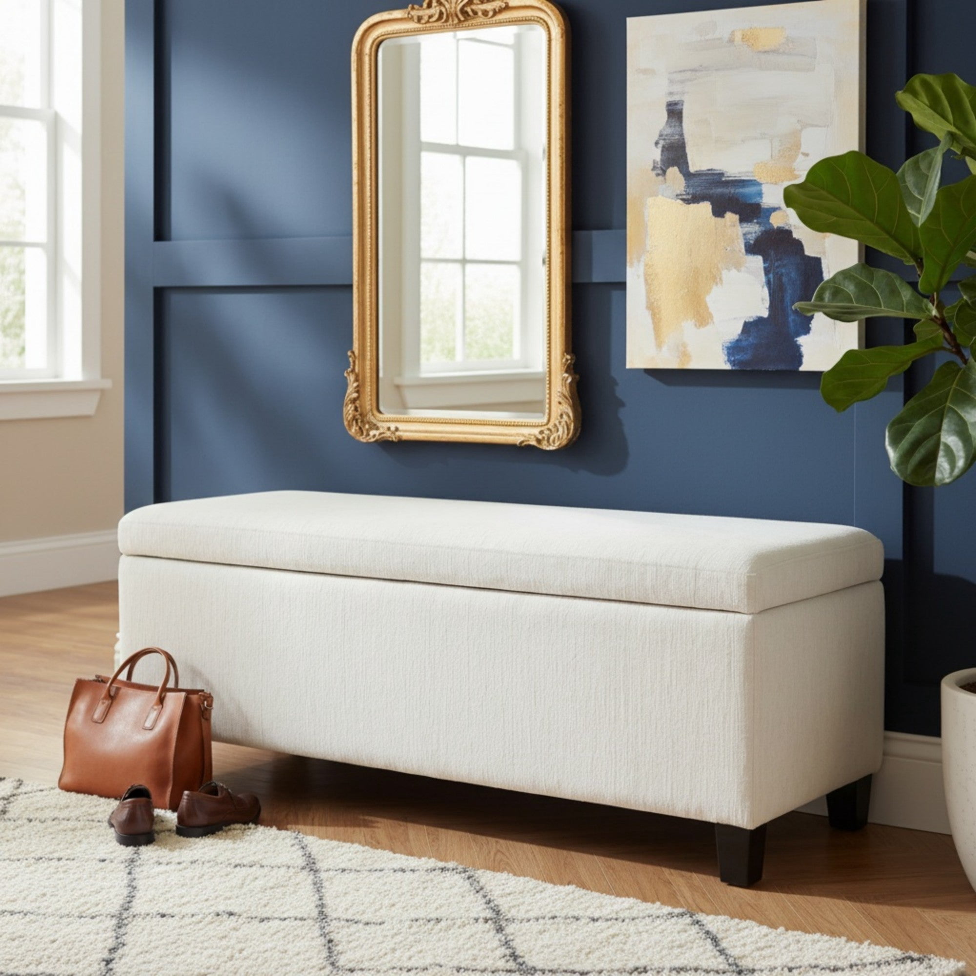 Sailvan 51" Upholstered Storage Ottoman Bench Boucle Entryway Bench with Wood Legs,End of Bed Seating for Bedroom,300lbs Cap White