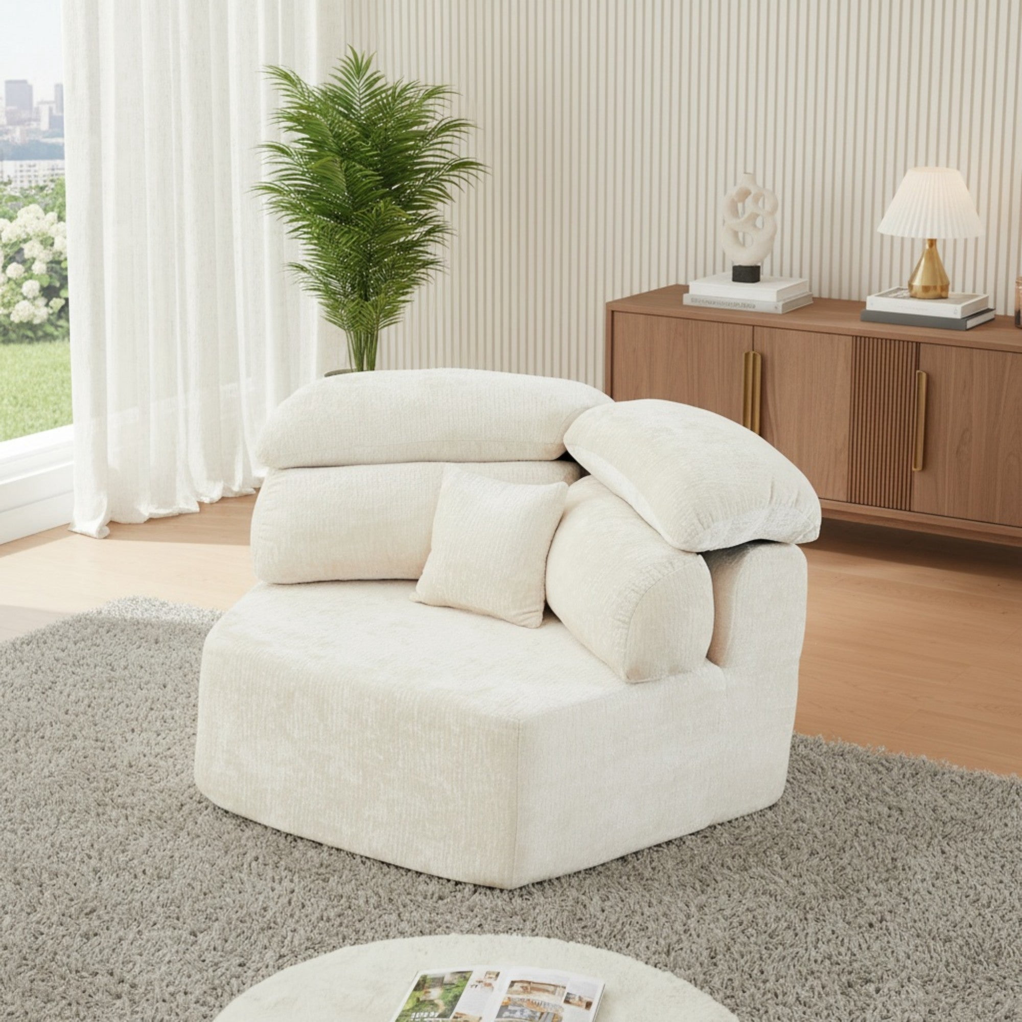 Sailvan 53" Modern Cream Modular Lounge Chair, Pentagonal Chenille Single Seater Cloud Sofa with Enveloping Pillows, Cozy Foam Armchair Beige