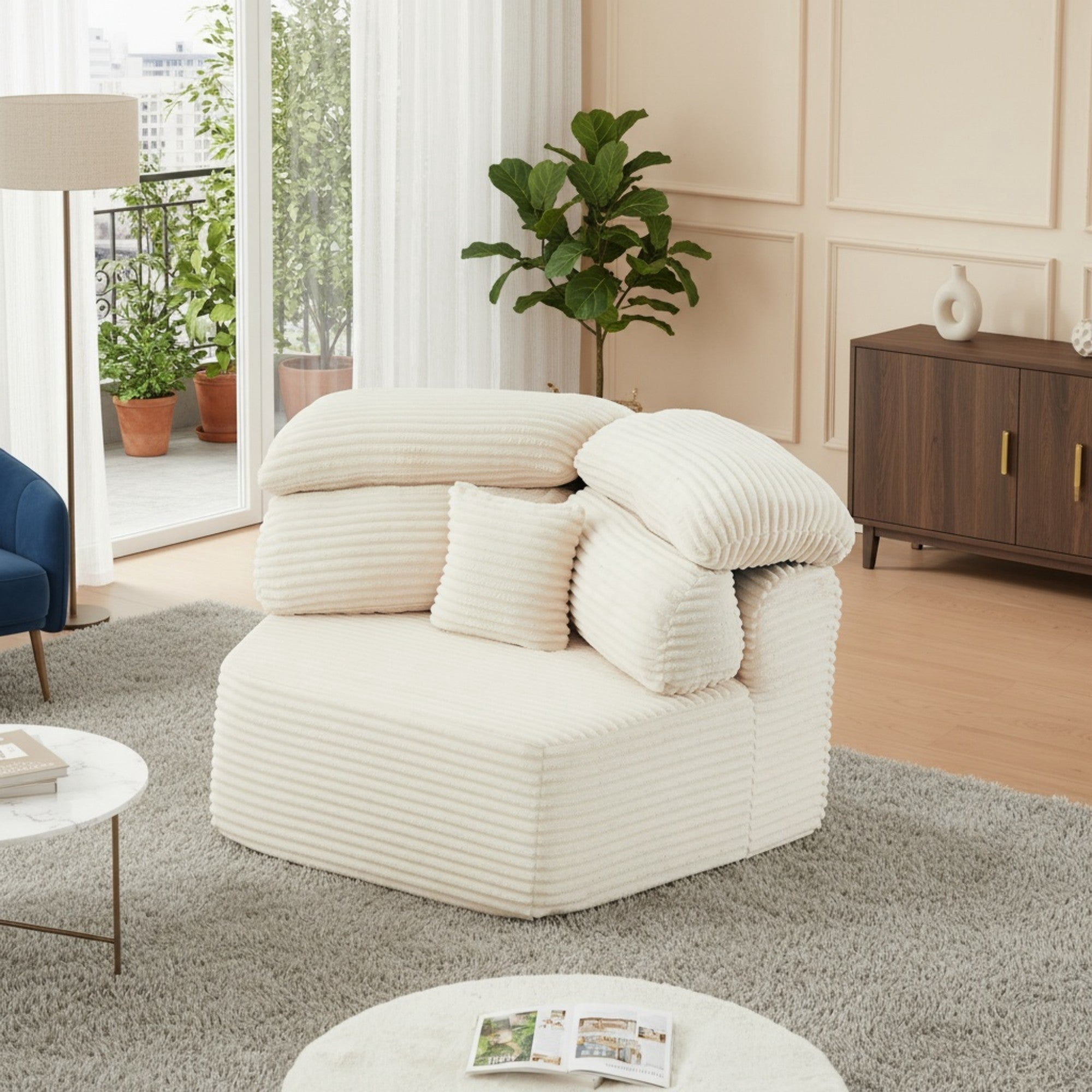 Sailvan 53" Modern Cream Modular Lounge Chair, Pentagonal Chenille Single Seater Cloud Sofa with Enveloping Pillows, Cozy Foam Armchair Beige