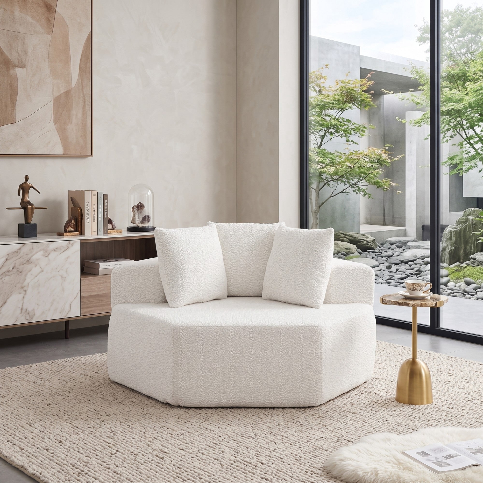 Sailvan 54" Modern Hexagonal Modular Circular Sofa, Chenille Upholstered Single Lounge Chair with 3 Pillows for Living Room & Game Room Beige