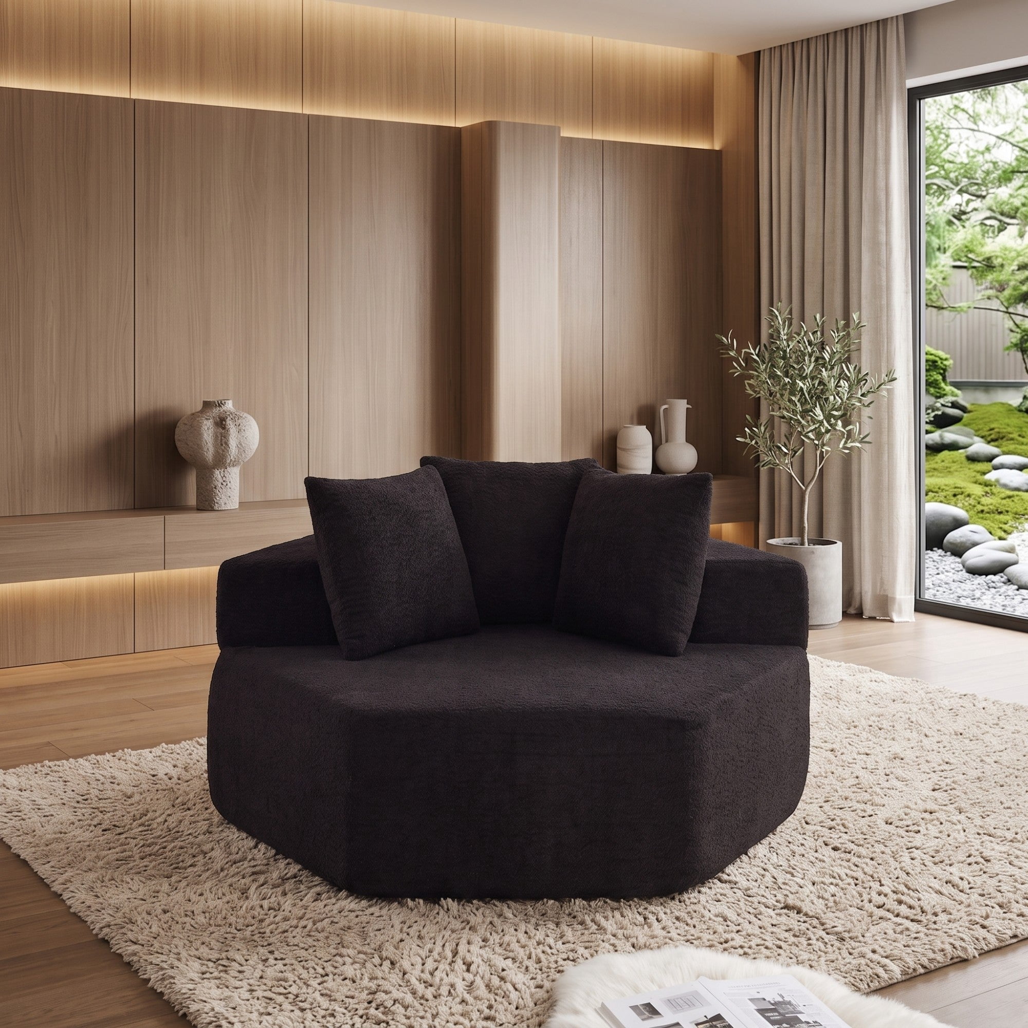 Sailvan 54" Modern Hexagonal Modular Circular Sofa, Chenille Upholstered Single Lounge Chair with 3 Pillows for Living Room & Game Room Black