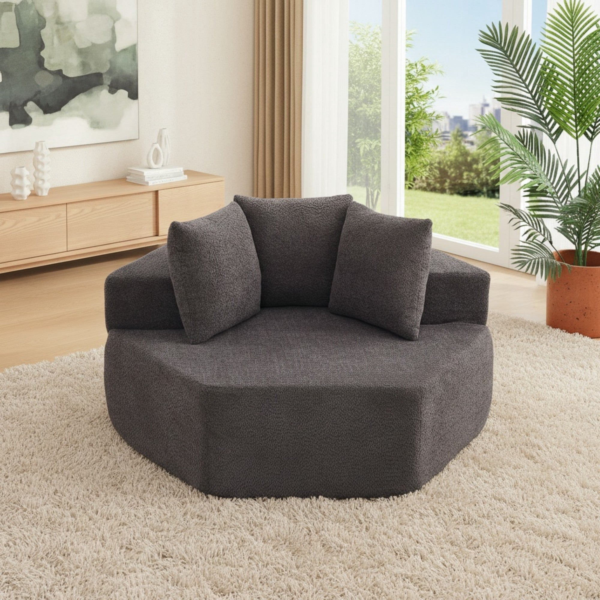 Sailvan 54" Modern Hexagonal Modular Circular Sofa, Chenille Upholstered Single Lounge Chair with 3 Pillows for Living Room & Game Room Grey