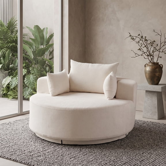Sailvan 55" Chenille Fabric Swivel Chair, Modern Round Sleeper Sofa with 360 Degree Rotation, Fluffy Foam Lounge Chair for Living Room Beige