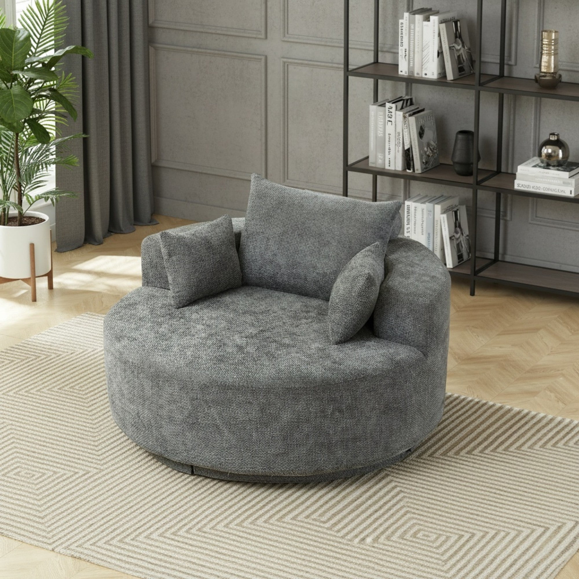 Sailvan 55" Chenille Fabric Swivel Chair, Modern Round Sleeper Sofa with 360 Degree Rotation, Fluffy Foam Lounge Chair for Living Room Grey