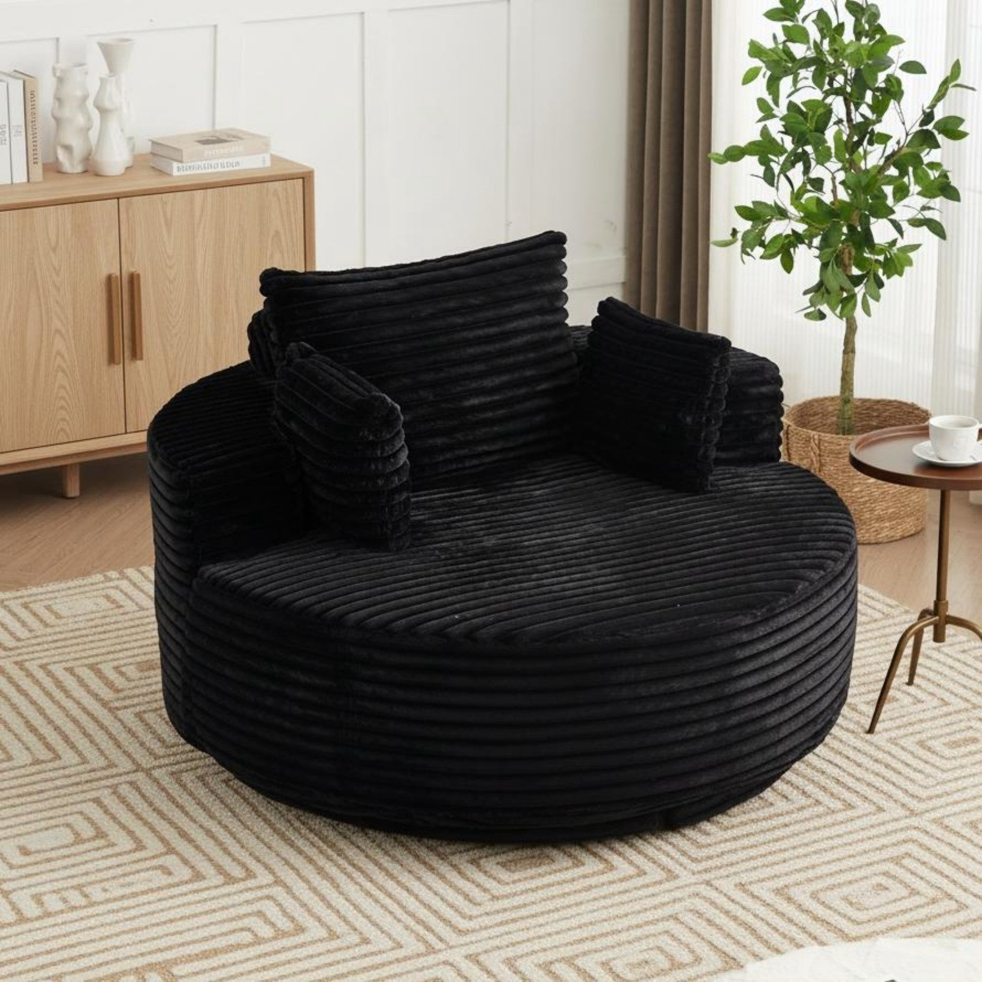 Sailvan 55" Corduroy Fabric Swivel Chair, Modern Round Sleeper Sofa with 360 Degree Rotation, Fluffy Foam Lounge Chair for Living Room Black