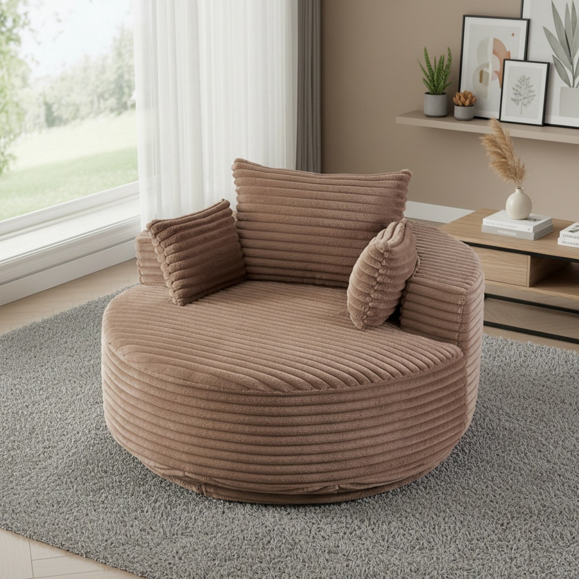 Sailvan 55" Corduroy Fabric Swivel Chair, Modern Round Sleeper Sofa with 360 Degree Rotation, Fluffy Foam Lounge Chair for Living Room Brown
