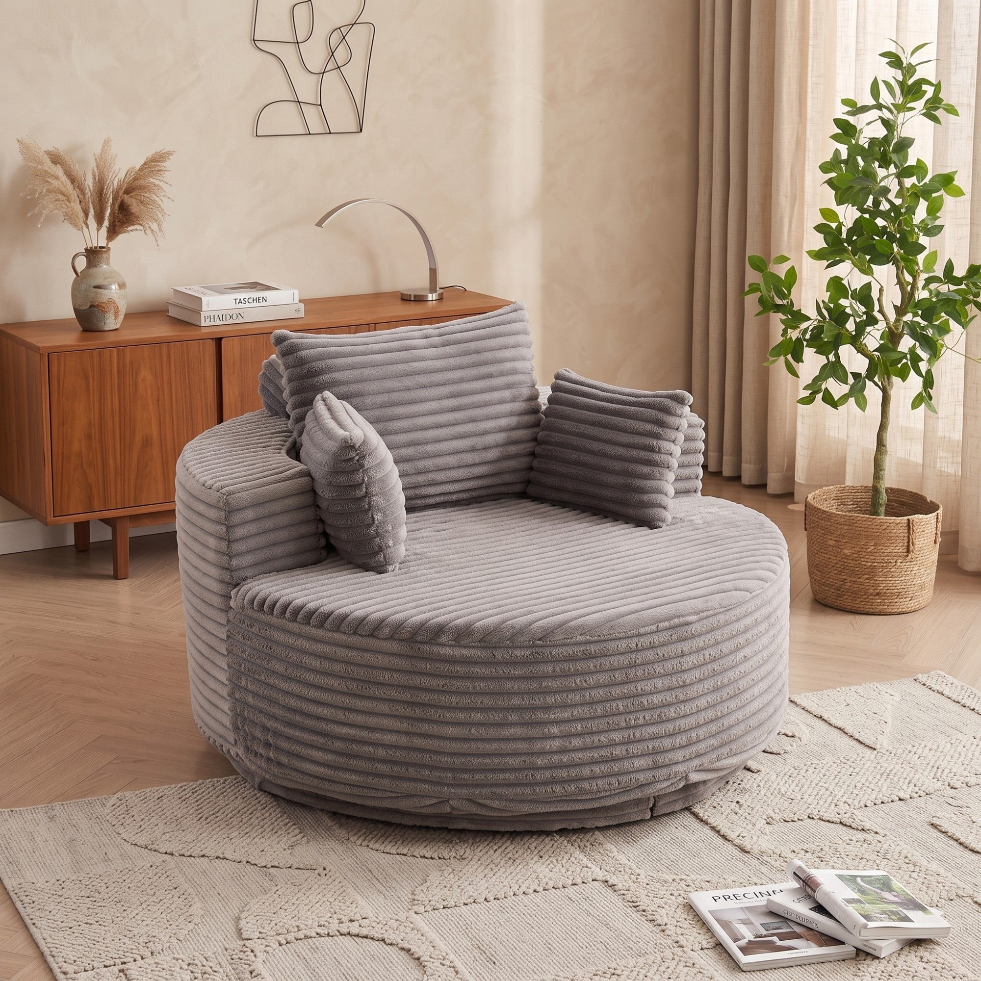 Sailvan 55" Corduroy Fabric Swivel Chair, Modern Round Sleeper Sofa with 360 Degree Rotation, Fluffy Foam Lounge Chair for Living Room Grey