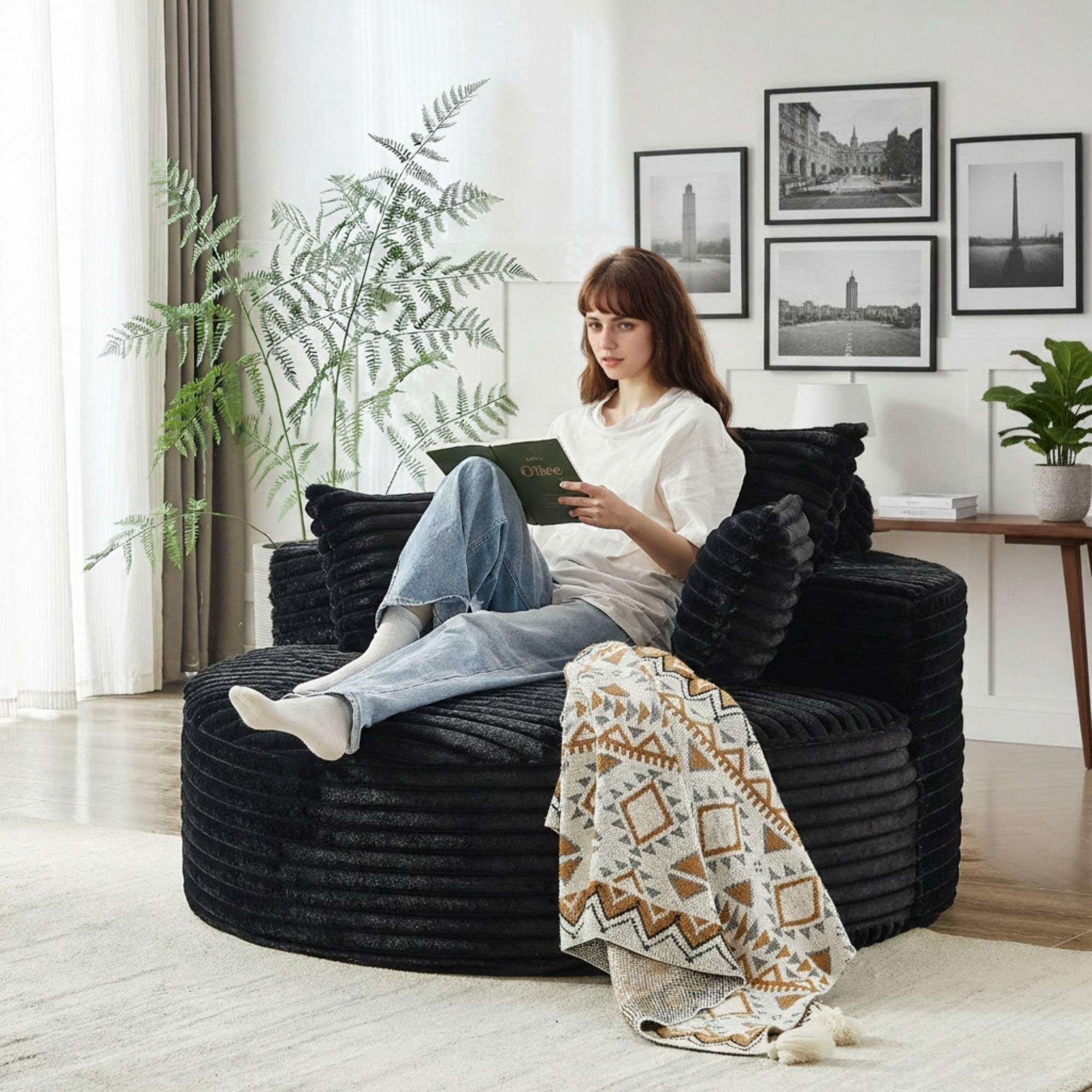 Sailvan 55" Modern Corduroy Single Seater Lounge Chair, Modular Cloud Sofa with Enveloping Pillows, No Assembly Lazy Chair for Living Room Black