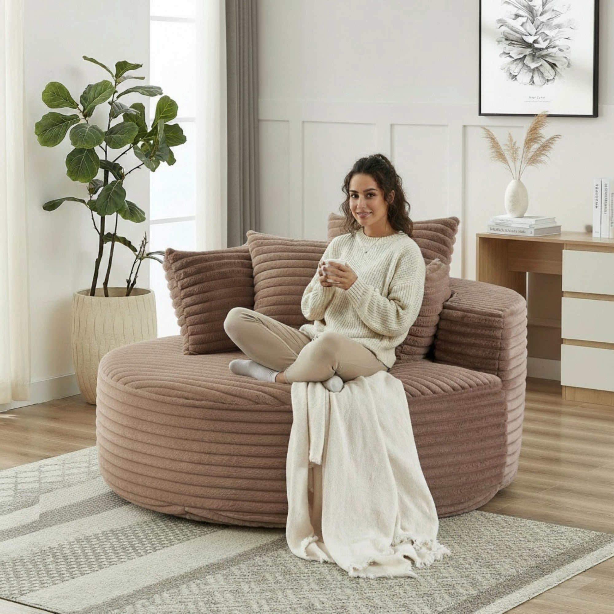 Sailvan 55" Modern Corduroy Single Seater Lounge Chair, Modular Cloud Sofa with Enveloping Pillows, No Assembly Lazy Chair for Living Room Brown