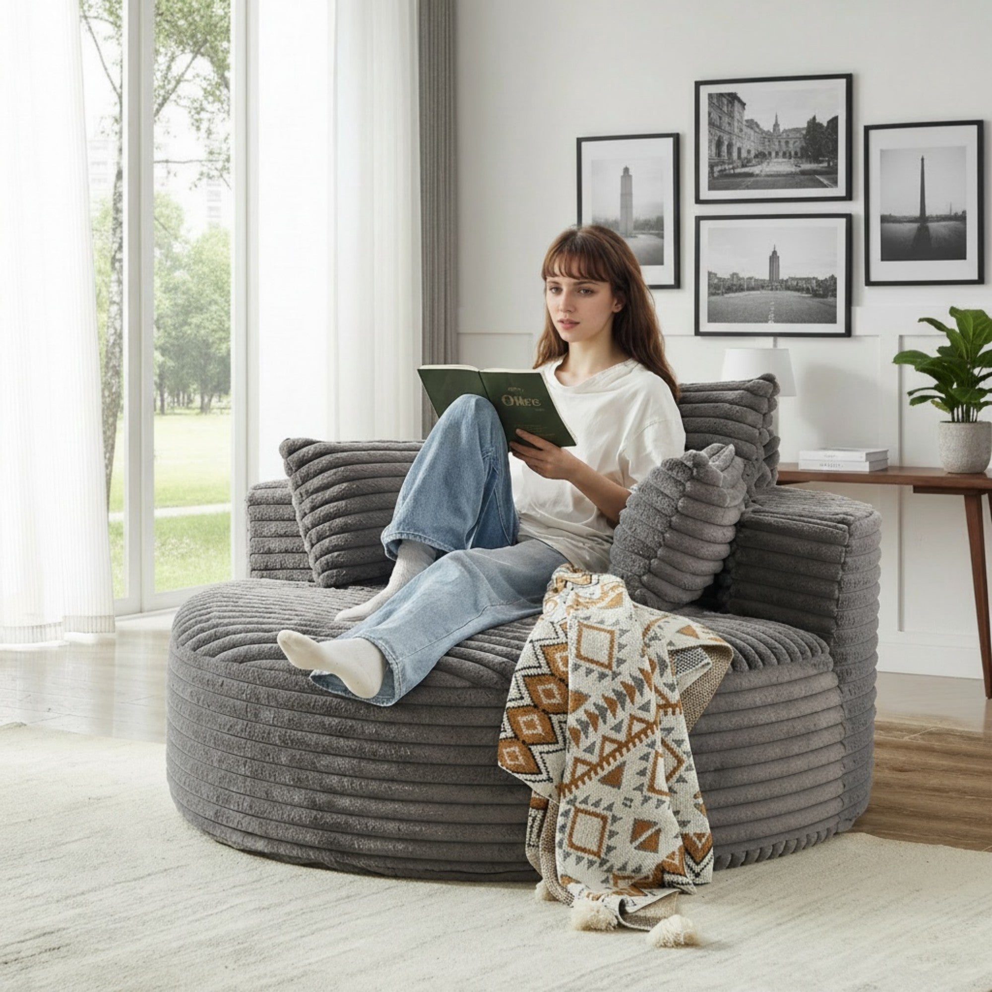 Sailvan 55" Modern Corduroy Single Seater Lounge Chair, Modular Cloud Sofa with Enveloping Pillows, No Assembly Lazy Chair for Living Room Grey