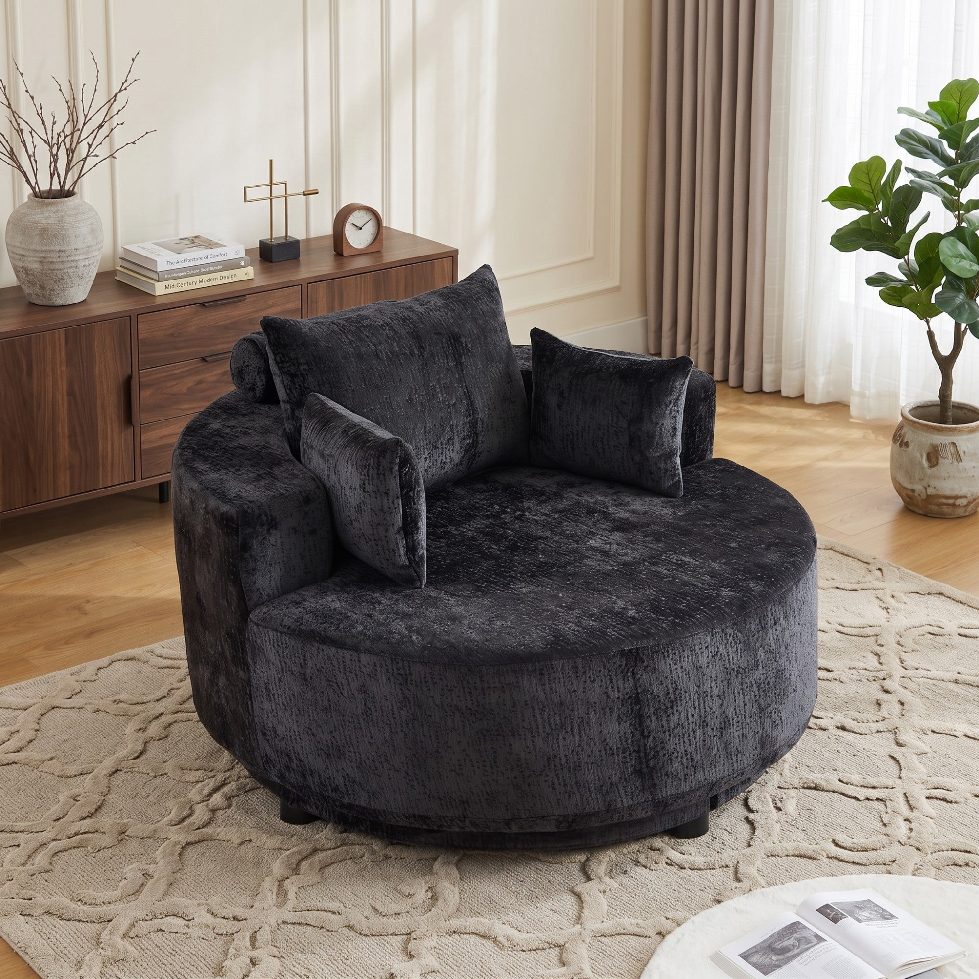 Sailvan 55" Polyester Fabric Swivel Chair, Modern Round Sleeper Sofa with 360 Degree Rotation, Fluffy Foam Lounge Chair for Living Room Black