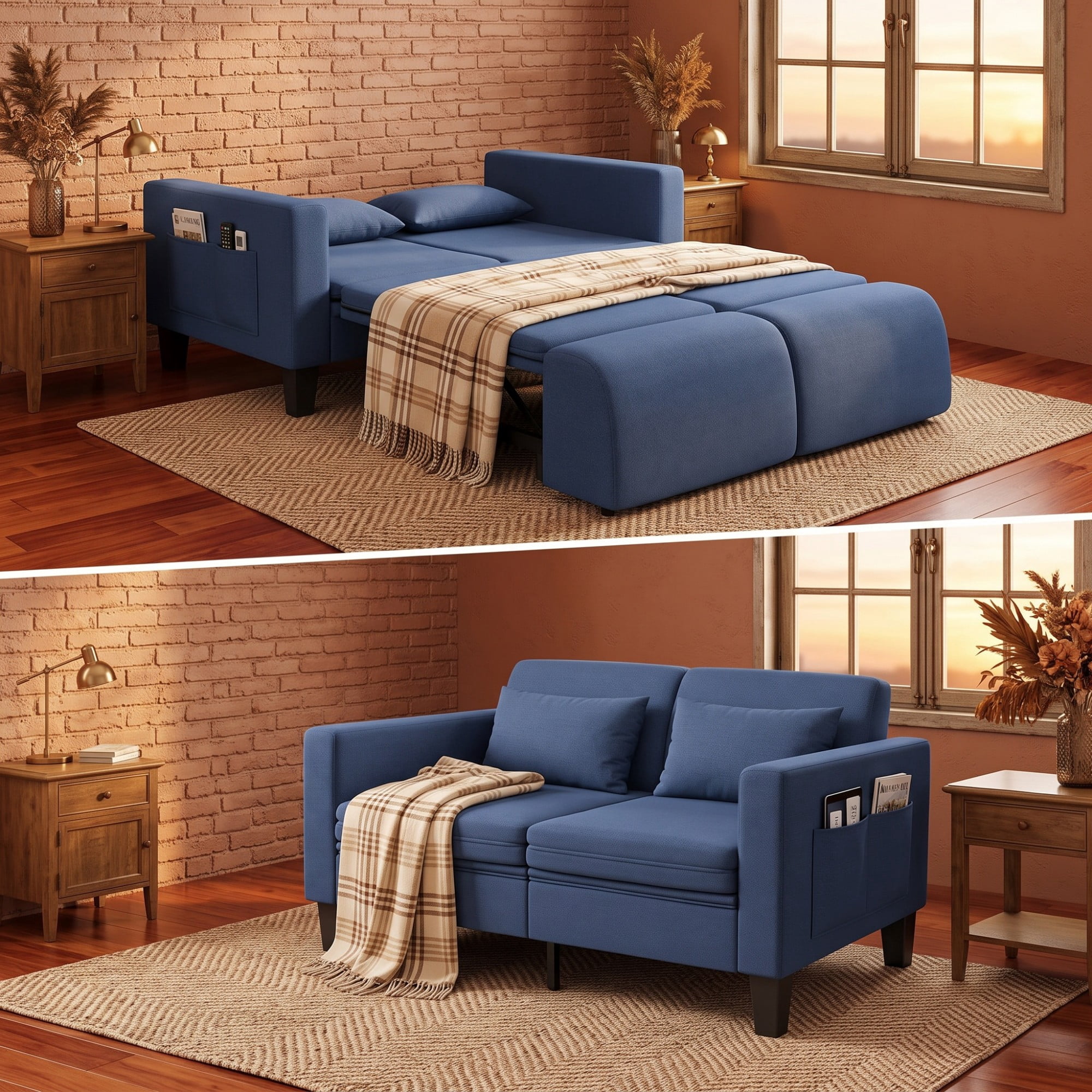 Sailvan 58" 6-in-1 Convertible Sofa Bed, Linen Pull Out Sleeper Couch with Storage & 2 Pillows, Loveseat for Small Spaces, Apartments, Studio, Blue