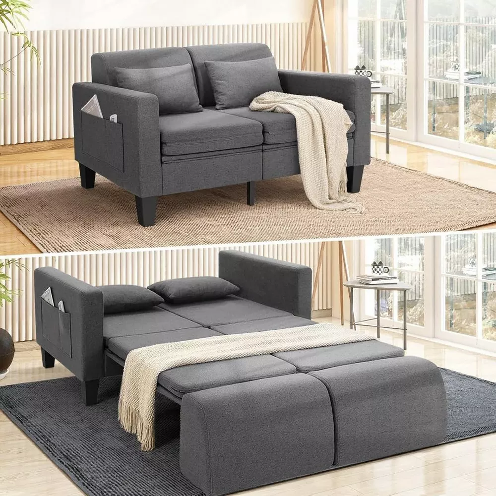 Sailvan 58" 6-in-1 Convertible Sofa Bed, Linen Pull Out Sleeper Couch with Storage & 2 Pillows, Loveseat for Small Spaces, Apartments, Studio,Gray