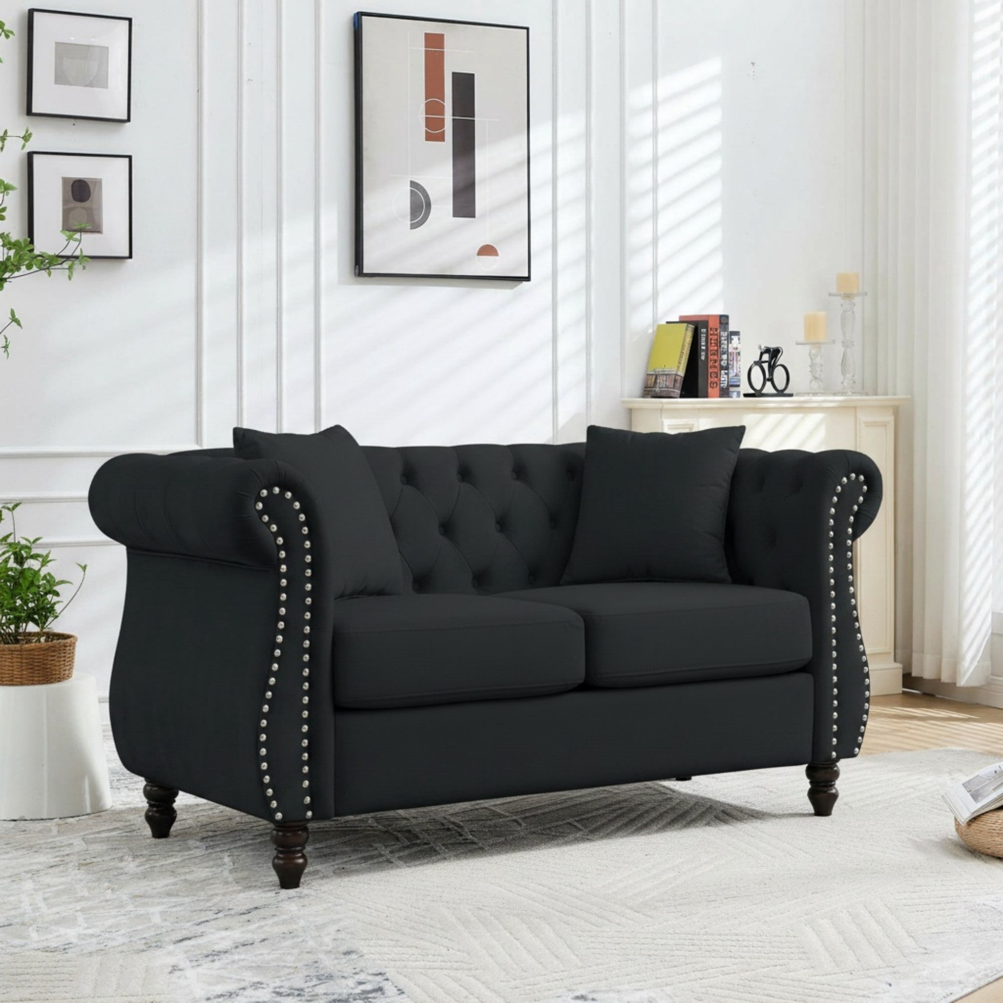 Sailvan 58.8" Velvet Chesterfield Sofa, 2 Seater Tufted Loveseat with Rolled Arms & Nailhead Trim,Couch for Living Room & Office Black