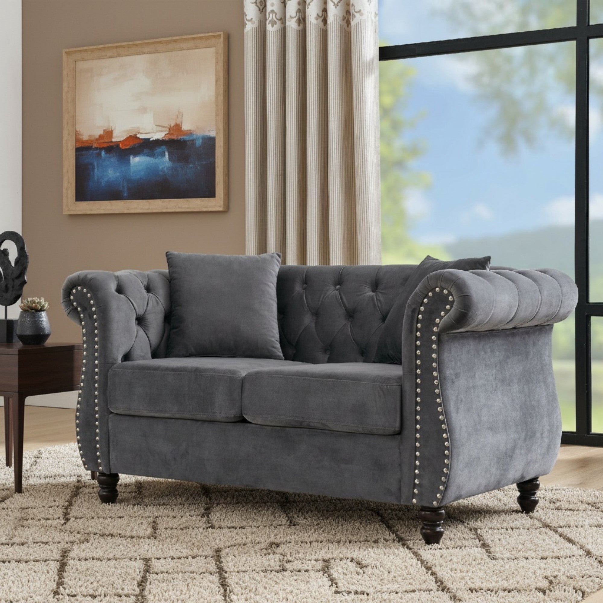Sailvan 58.8" Velvet Chesterfield Sofa, 2 Seater Tufted Loveseat with Rolled Arms & Nailhead Trim, Grey Couch for Living Room & Office Grey
