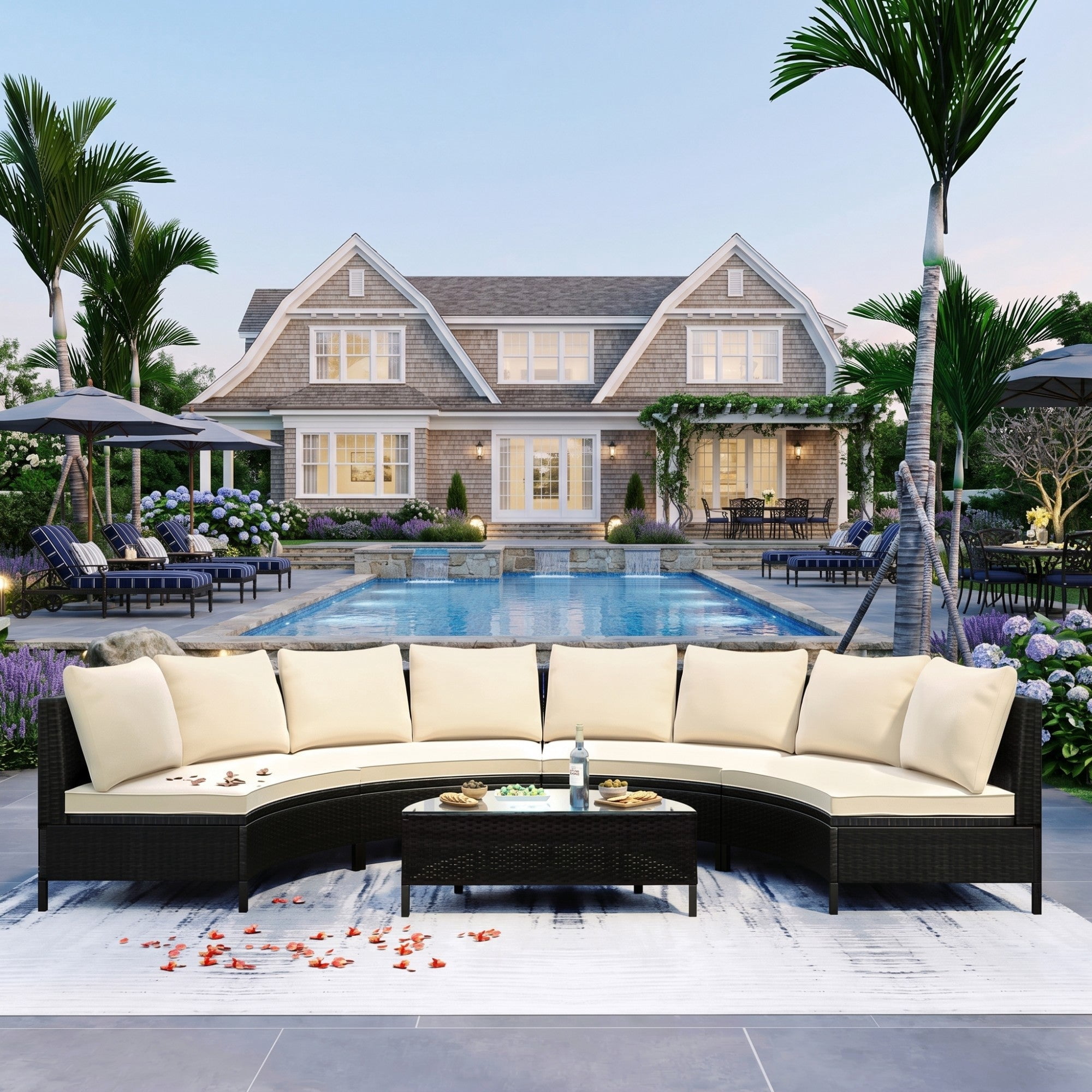 Sailvan 5pc Outdoor Patio Sectional Furniture Set - All-Weather PE Rattan Wicker Half-Moon Sofa with Tempered Glass Table & Thick Cushions Beige