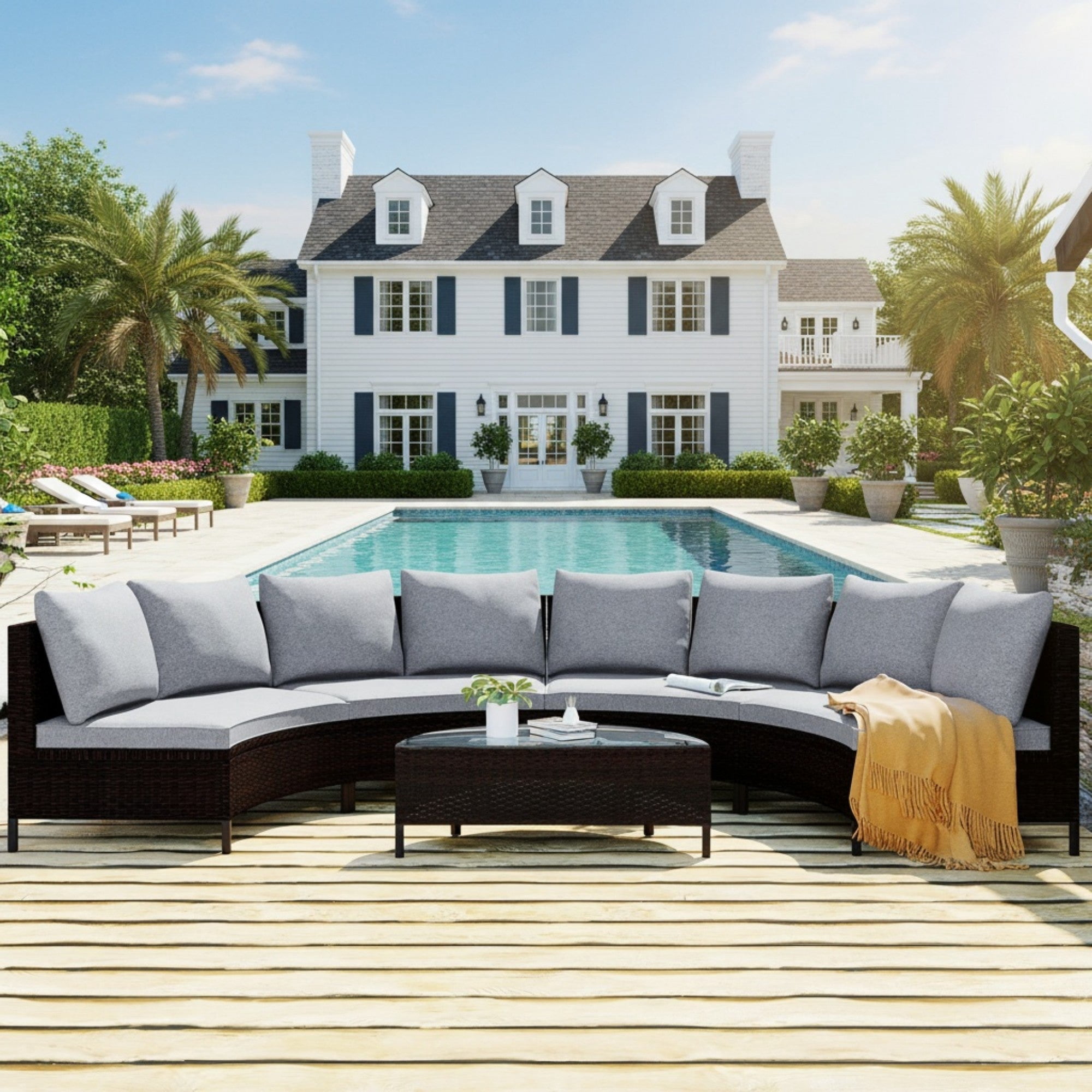 Sailvan 5pc Outdoor Patio Sectional Furniture Set - All-Weather PE Rattan Wicker Half-Moon Sofa with Tempered Glass Table & Thick Cushions Grey
