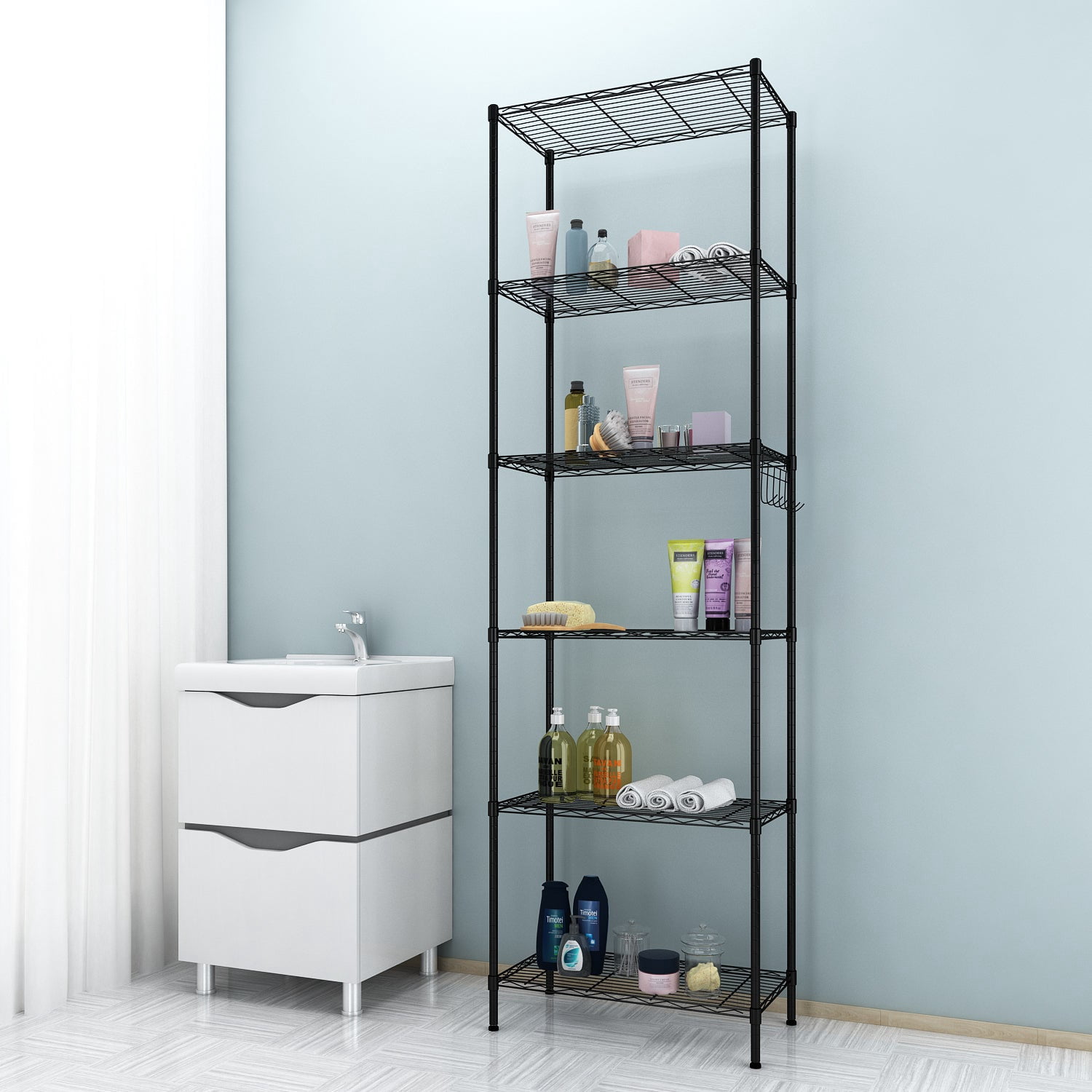 Sailvan 6-Tier 63"H Metal Storage Rack with Wheels, Slim Wire Shelving Unit for Pantry Kitchen Bathroom, Adjustable Shelves with Hooks, 530lbs Cap,Black