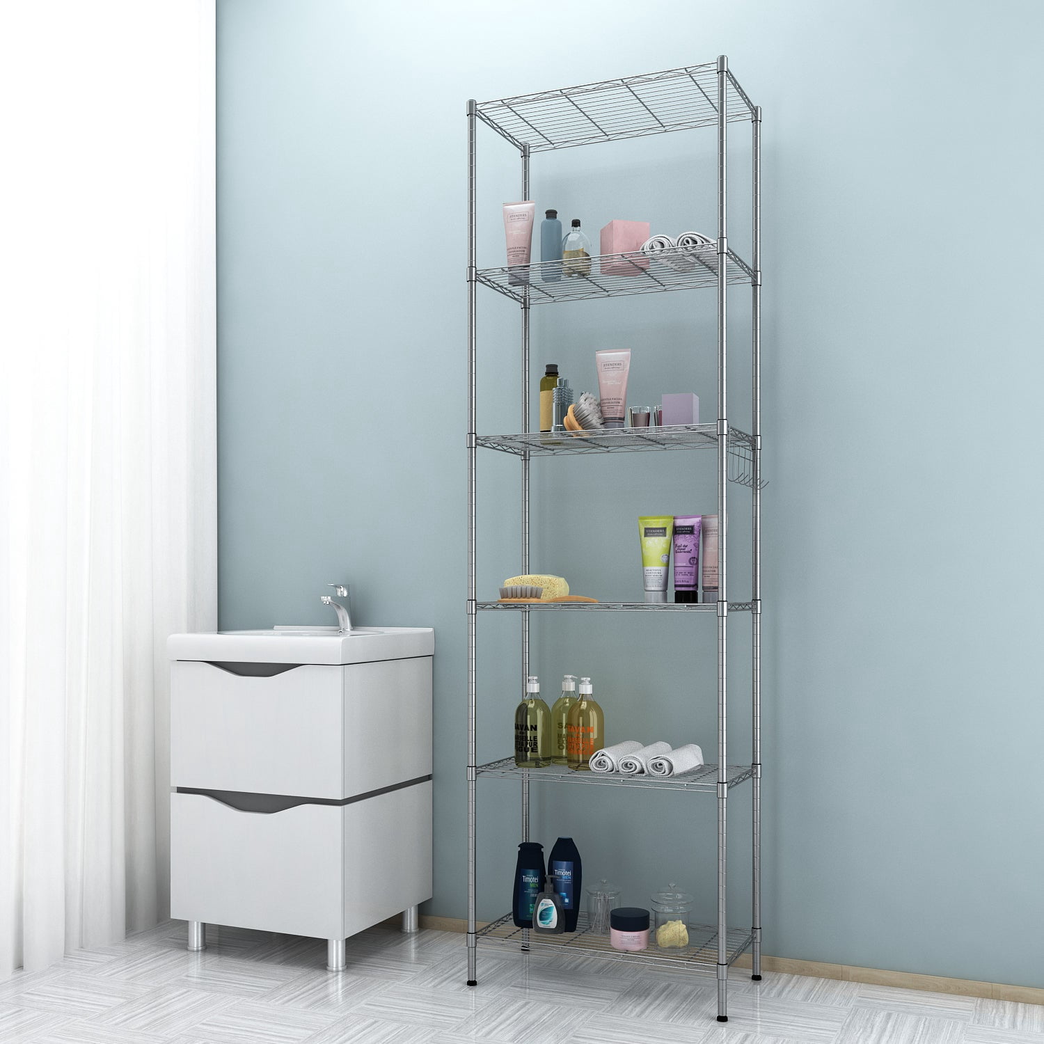 Sailvan 6-Tier 63"H Metal Storage Rack with Wheels, Slim Wire Shelving Unit for Pantry Kitchen Bathroom, Adjustable Shelves with Hooks, 530lbs Cap,Silver