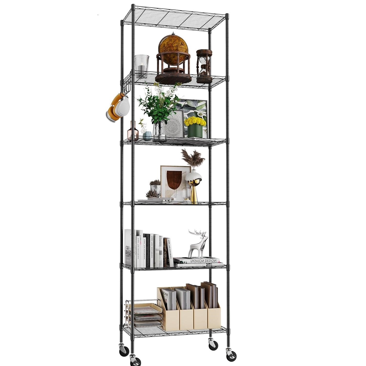 Sailvan 6-Tier 72"H Metal Storage Rack with Wheels, Slim Wire Shelving Unit for Pantry Kitchen Bathroom, Adjustable Shelves with Hooks, 530lbs Cap,Black