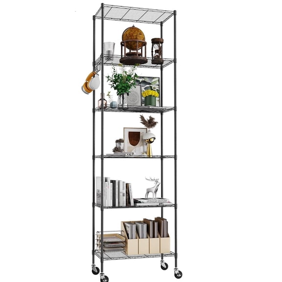 Sailvan 6-Tier 72"H Metal Storage Rack with Wheels, Slim Wire Shelving Unit for Pantry Kitchen Bathroom, Adjustable Shelves with Hooks, 530lbs Cap,Black