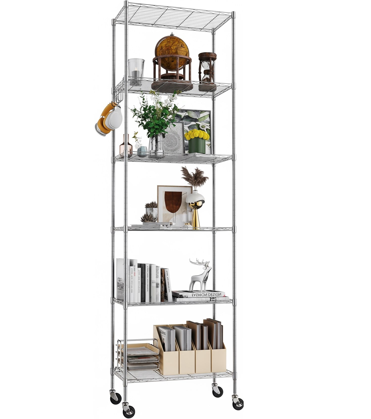 Sailvan 6-Tier 72"H Metal Storage Rack with Wheels, Slim Wire Shelving Unit for Pantry Kitchen Bathroom, Adjustable Shelves with Hooks, 530lbs Cap,Silver