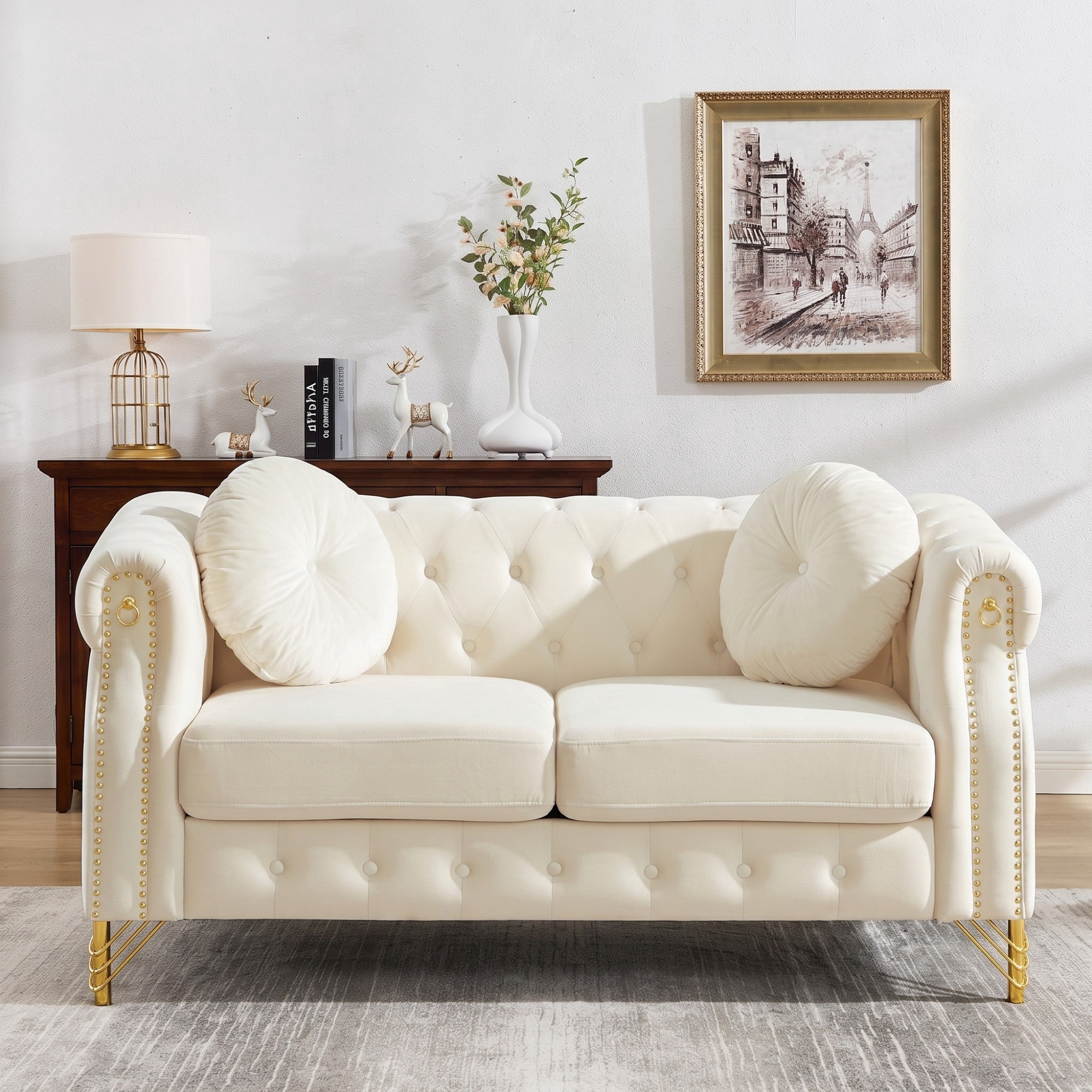 Sailvan 60.5" Velvet Chesterfield Loveseat, 2-Seater Tufted Sofa with Nailhead Trim, Gold Metal Legs & 2 Round Pillows for Living Room Beige