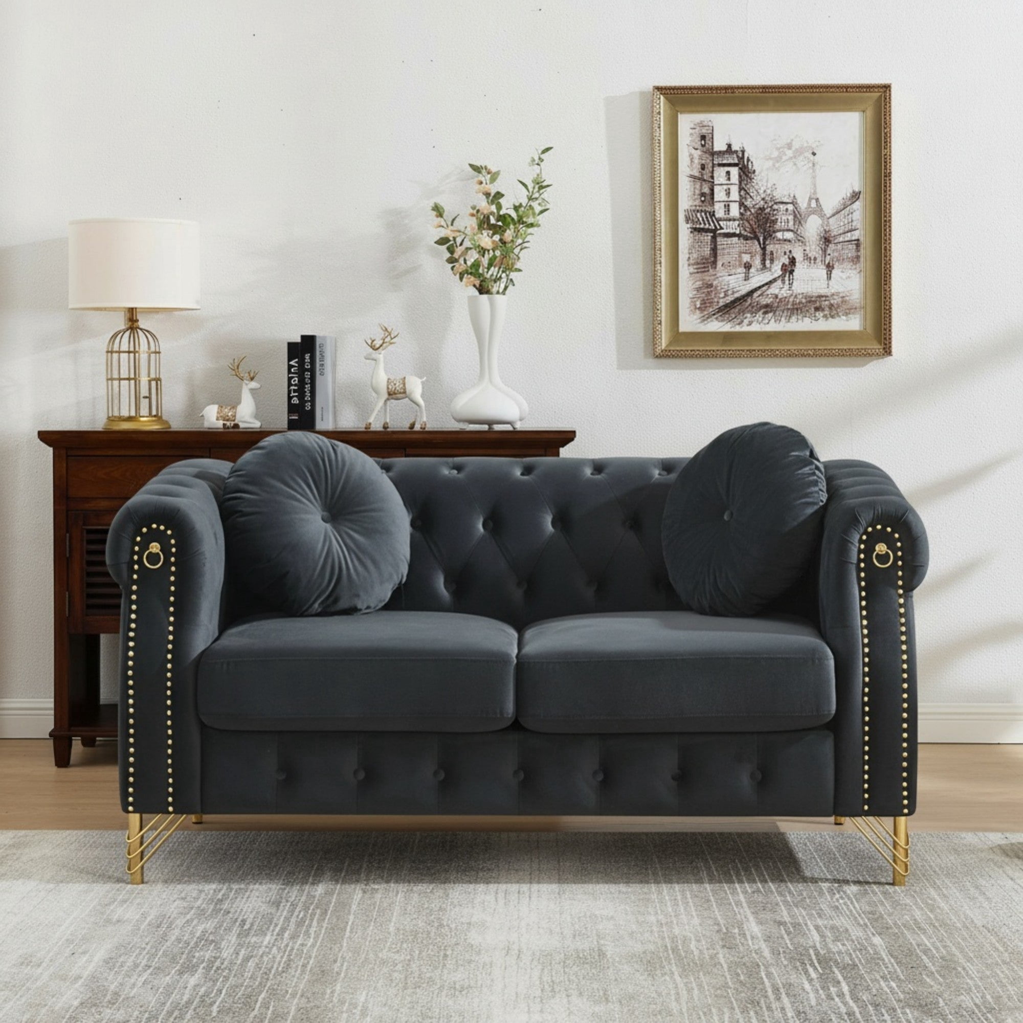 Sailvan 60.5" Velvet Chesterfield Loveseat, 2-Seater Tufted Sofa with Nailhead Trim, Gold Metal Legs & 2 Round Pillows for Living Room Black