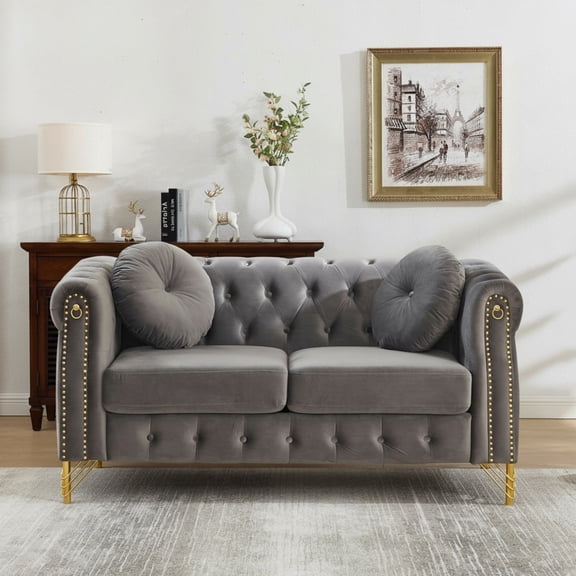 Sailvan 60.5" Velvet Chesterfield Loveseat, 2-Seater Tufted Sofa with Nailhead Trim, Gold Metal Legs & 2 Round Pillows for Living Room Grey