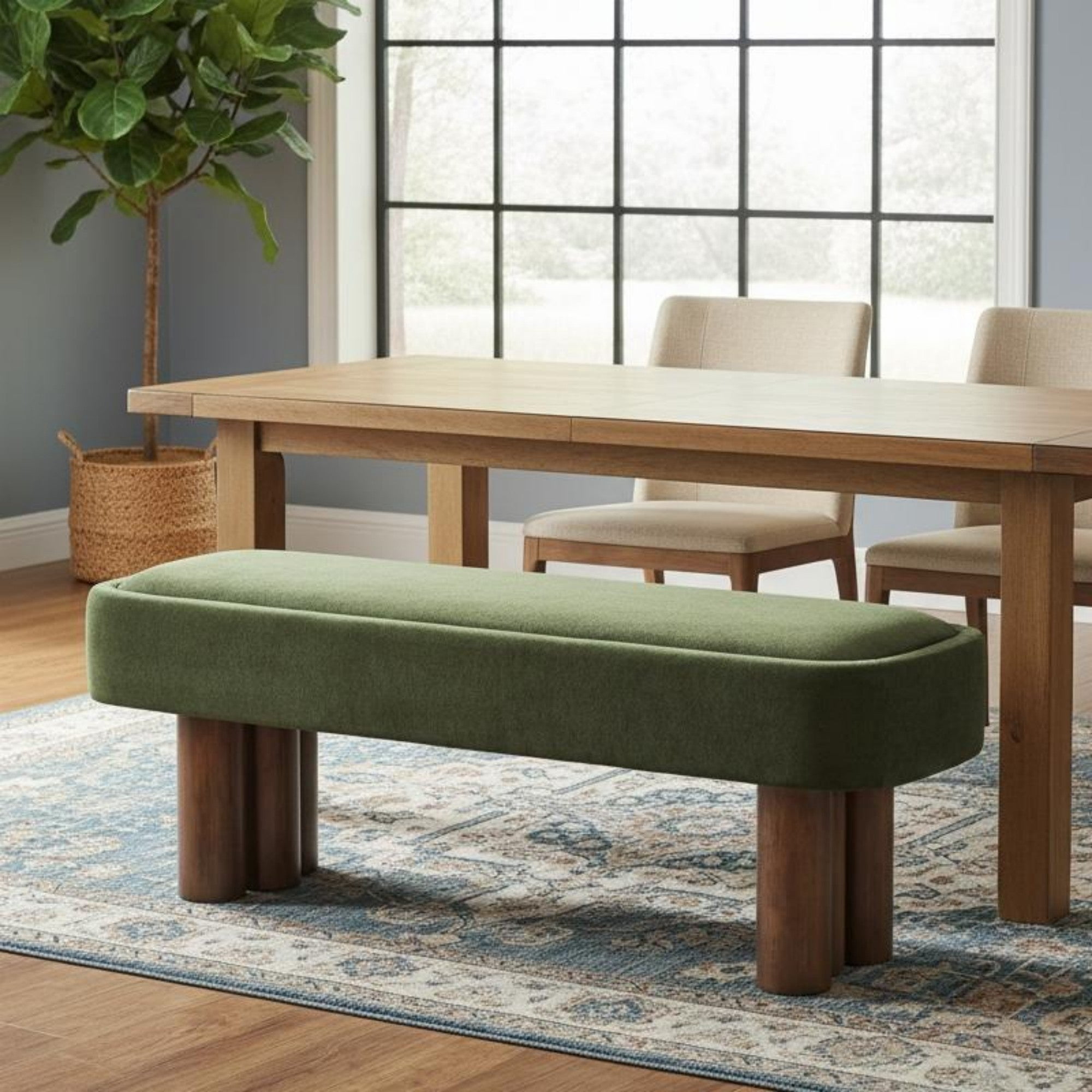 Sailvan 60" Boucle Dining Bench,Upholstered Kitchen Seating with Walnut Legs,Modern Indoor Bench for Entryway and Living Room Green